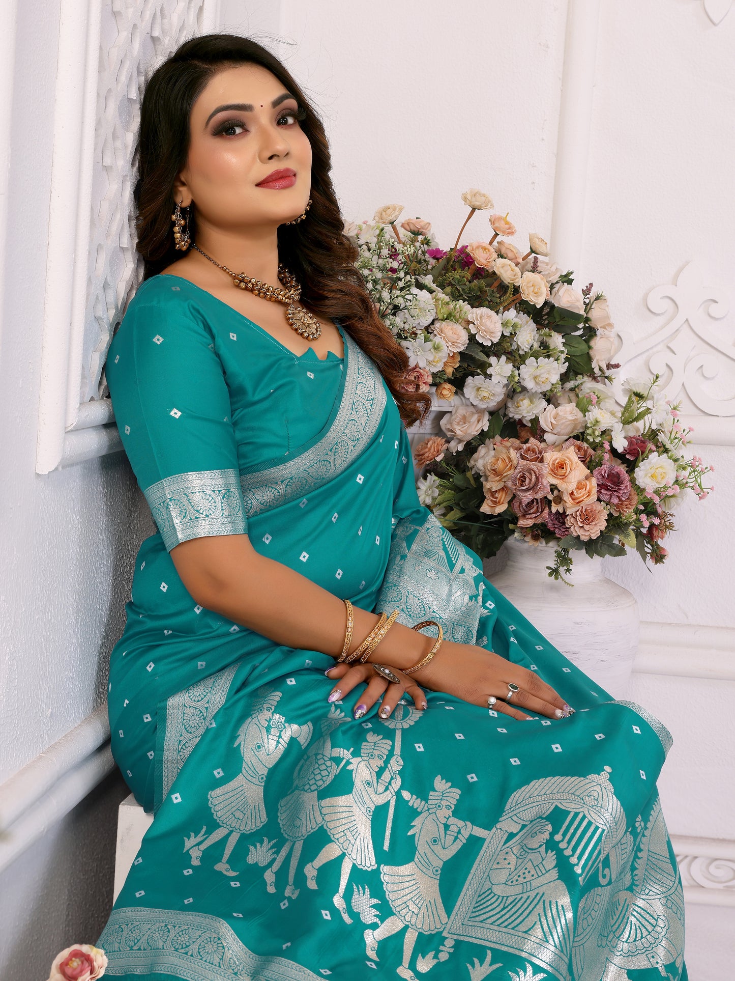 Sky Heena summer kochi silk saree with beautiful Bandhej weaving work soft comfy....