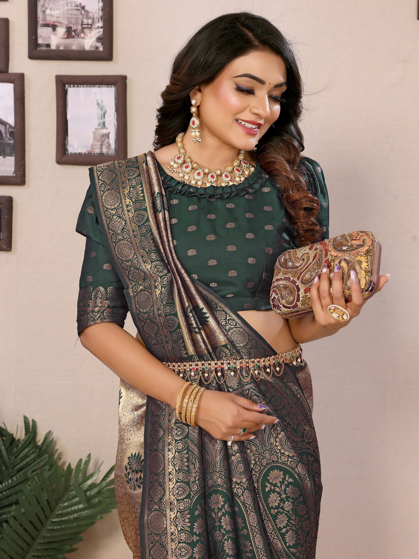 Green Mahek Handloom Tissue Silk Sarees with Zari Weaving and Contrast Zari border