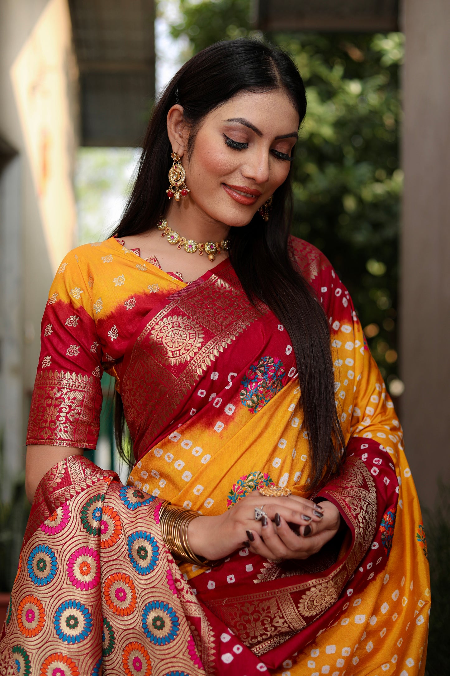 Yellow Ishani Pure Bandhej Silk Saree Minakari Weaving Butta With Zari
