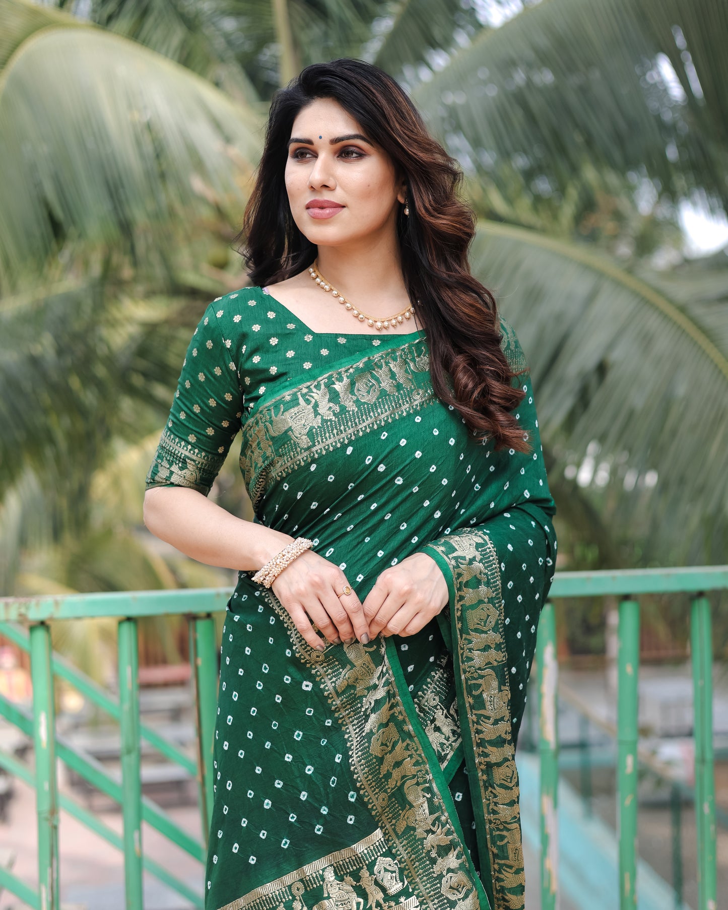 Green Mausami Pure Bandhej Silk Saree With Zari Weaving Border & Rich Pallu With Beautiful Design And Broad Border