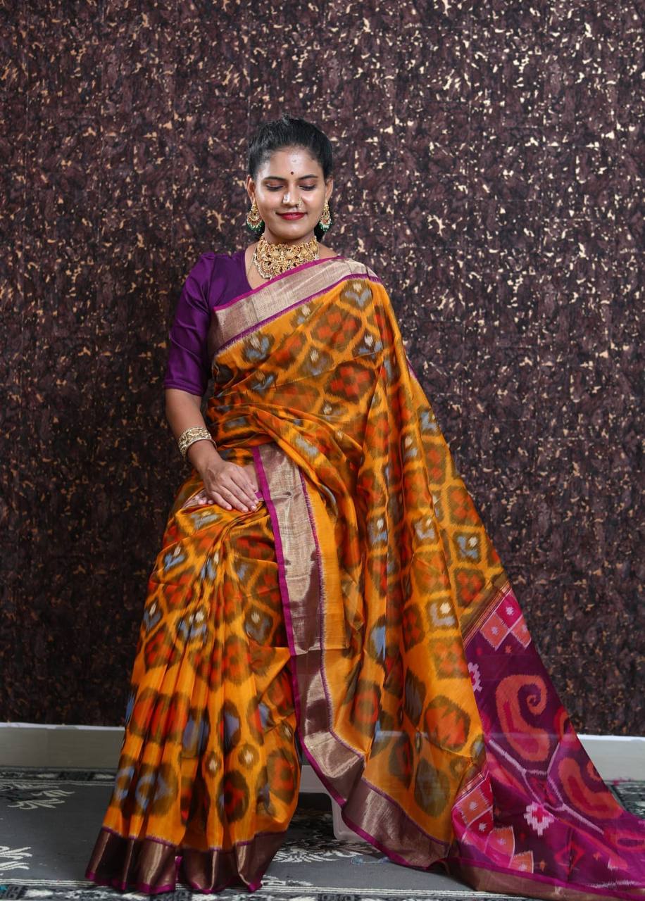 Orange Pramila Soft Cotton Silk Saree Patola Digital Print With Golden Border & Digital Printed