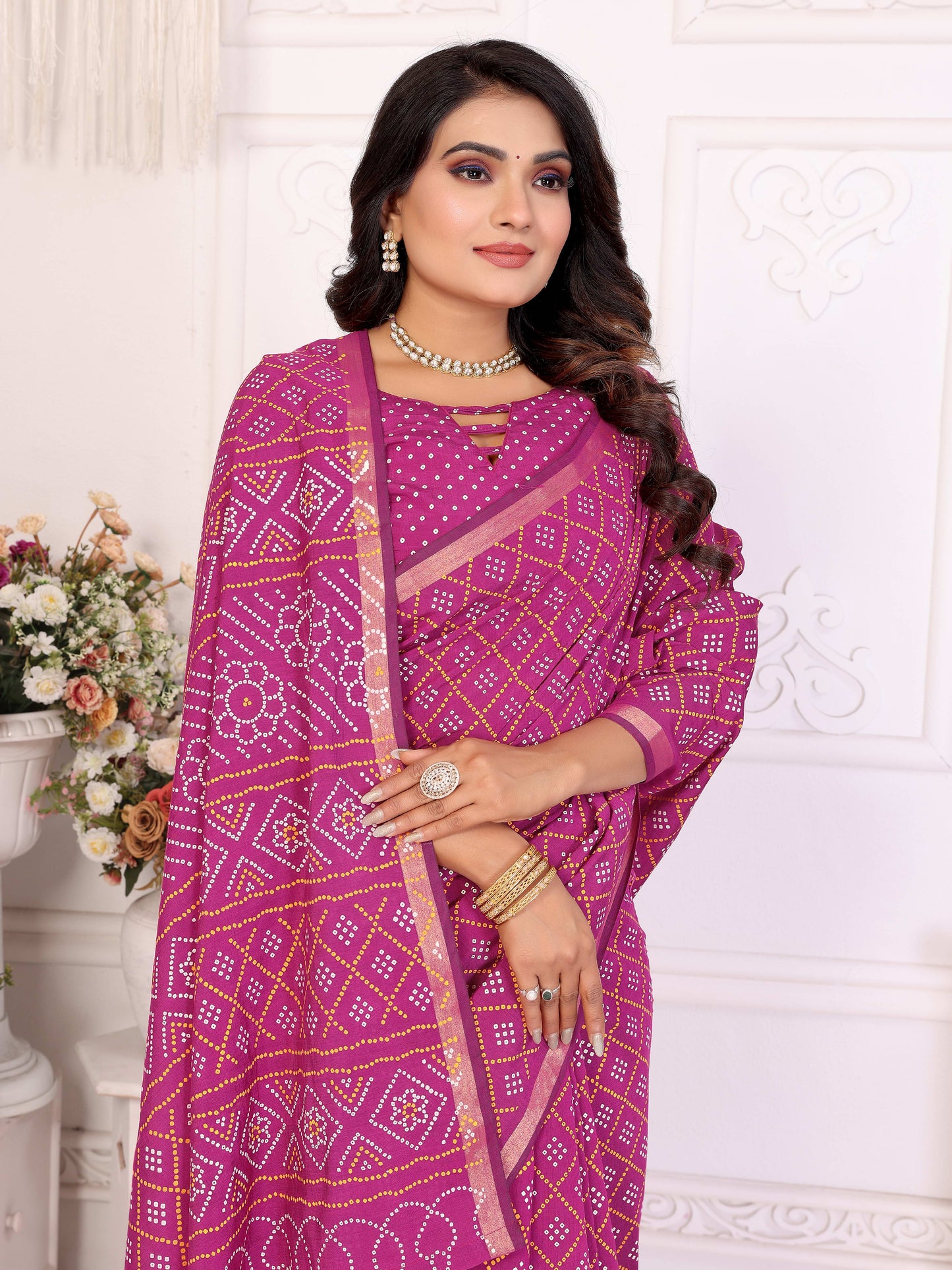 Pink Amba Pure Patola And Bandhej Pattern Soft Cotton Light Weight Saree
