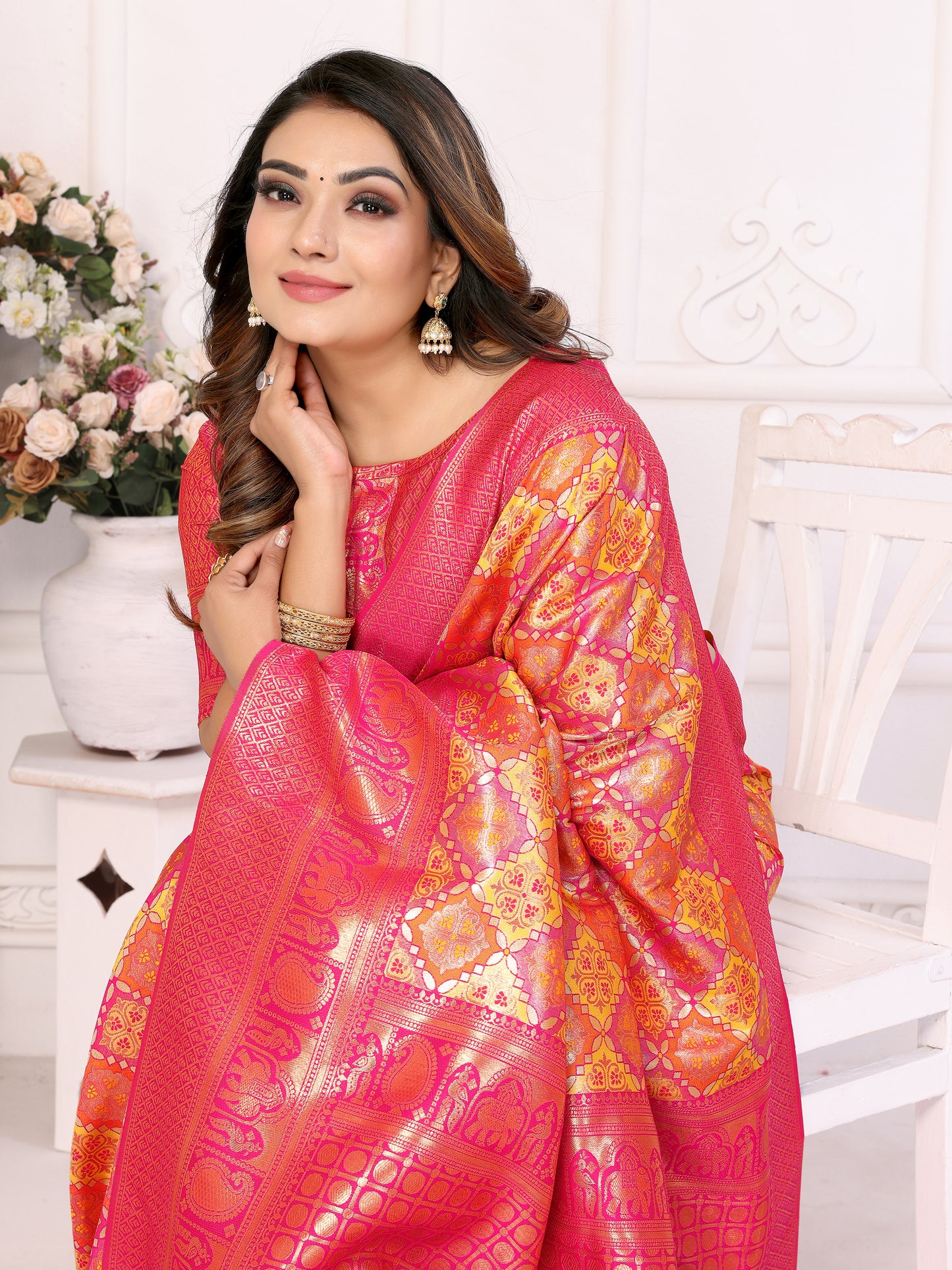 Orange Chaturi-2 Banarasi Chaturi silk saree Jari weaving Border and Weaving rich pallu
