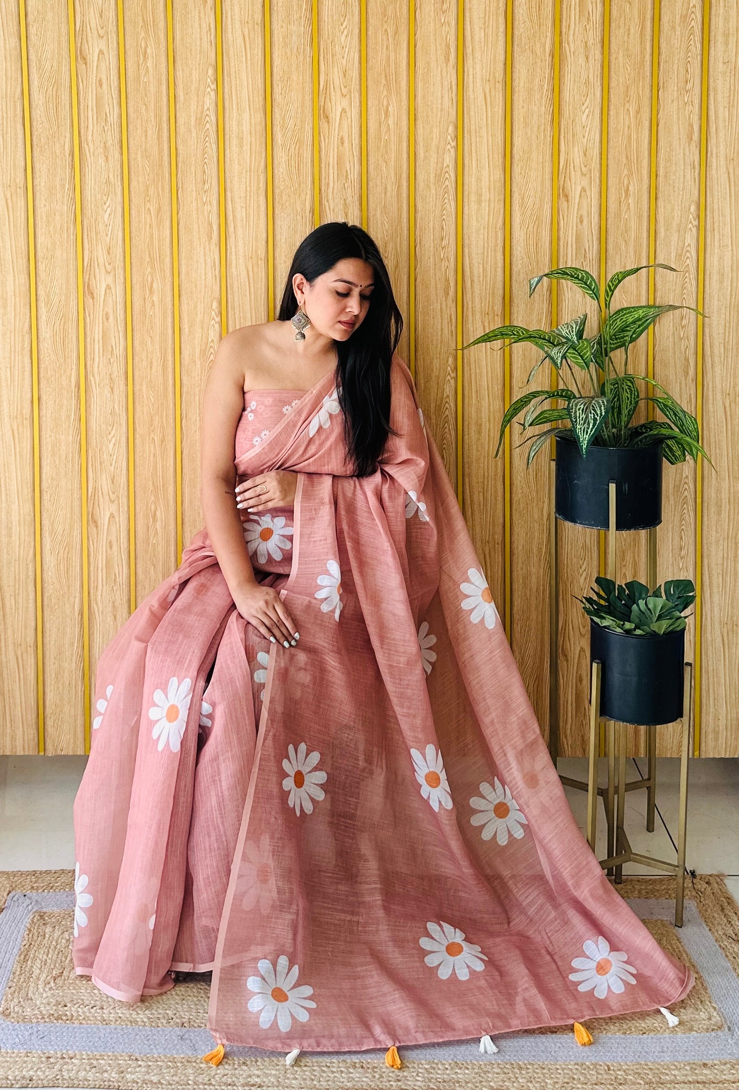 Peach Champa-1 Soft Linen Cotton Digital Print Sarees With Flower Print & Printed Pallu