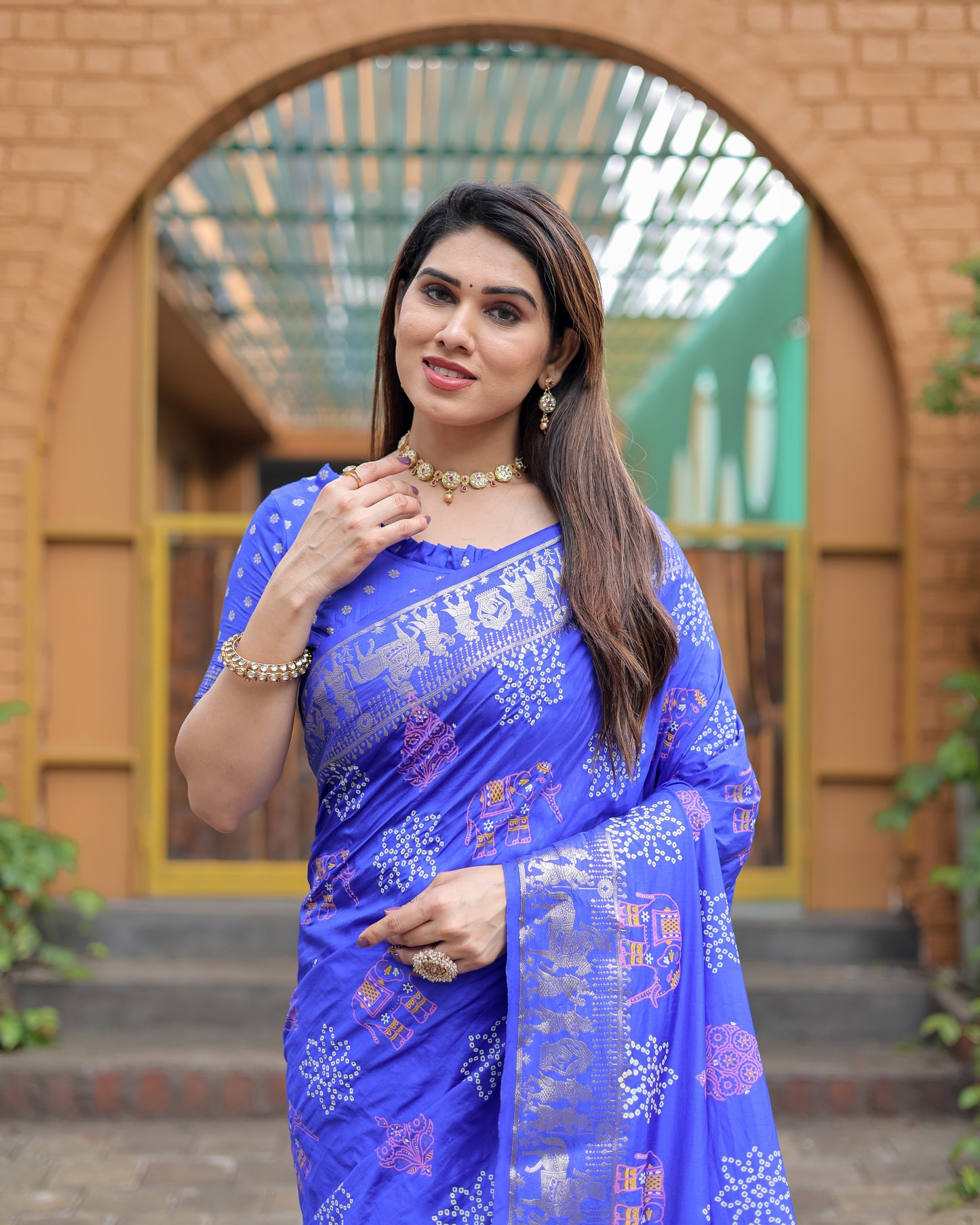 Blue Mastani Soft Dola Silk Bandhej Print Sarees With Kanchi Weaving Border And Allover Zari Border
