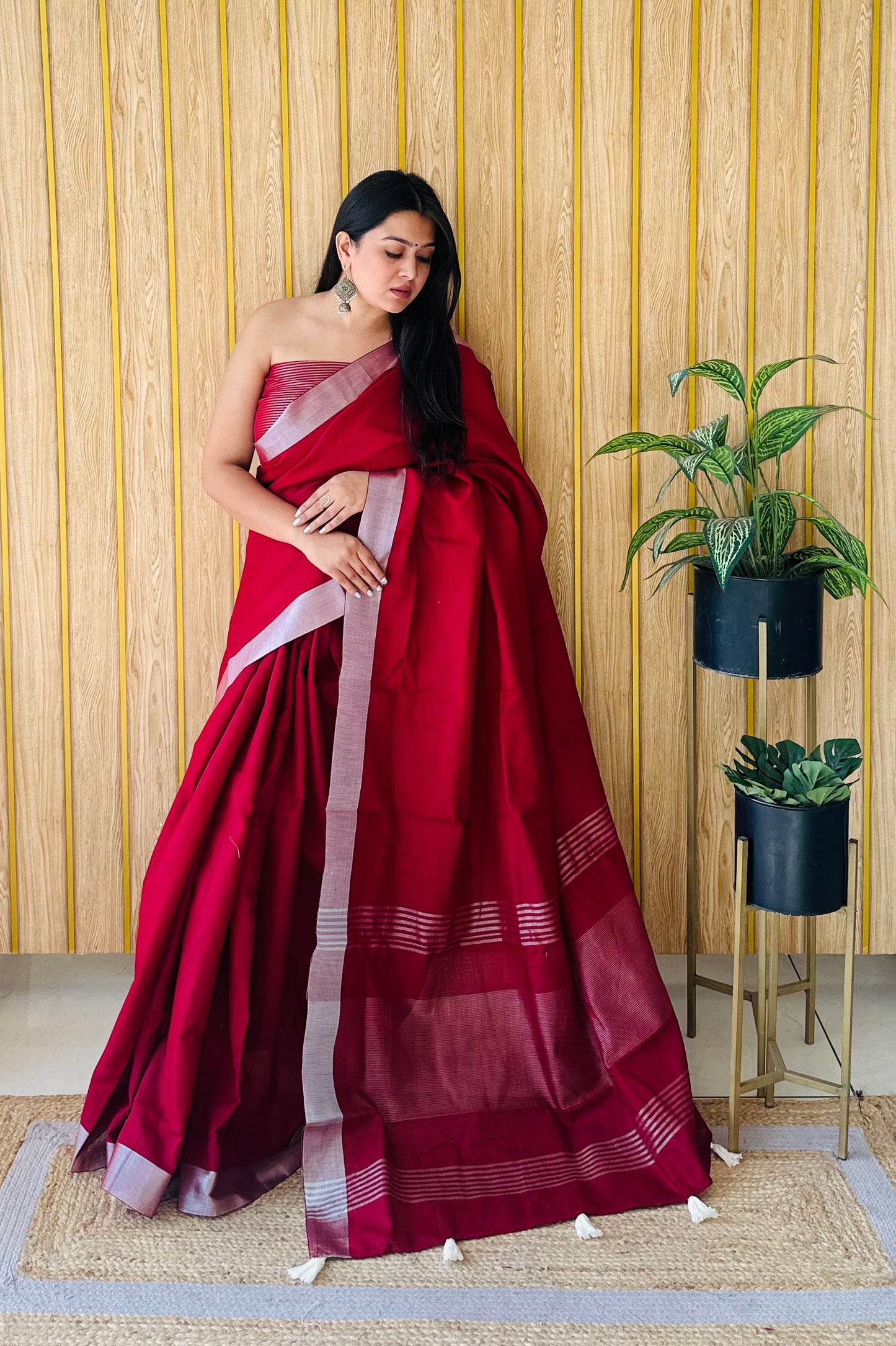Maroon Amanat Beauty Soft Leaf Linen By Cotton Saree With Silver Jari Border And Silver Border Blouse