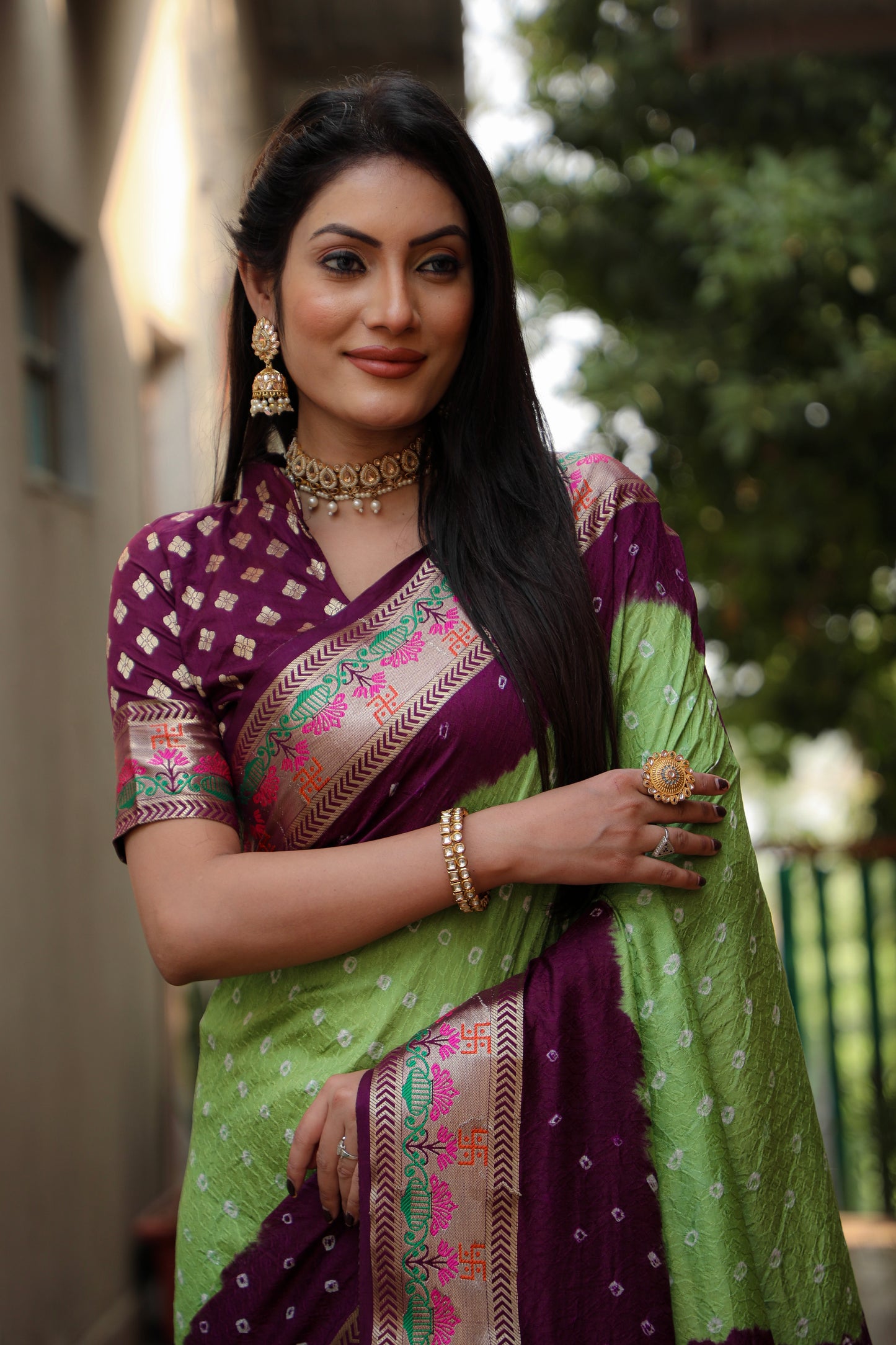 Green Swastik Pure Bandhej Silk Saree With Minakari Border Kalash & Swastik Design Rich Pallu Saree