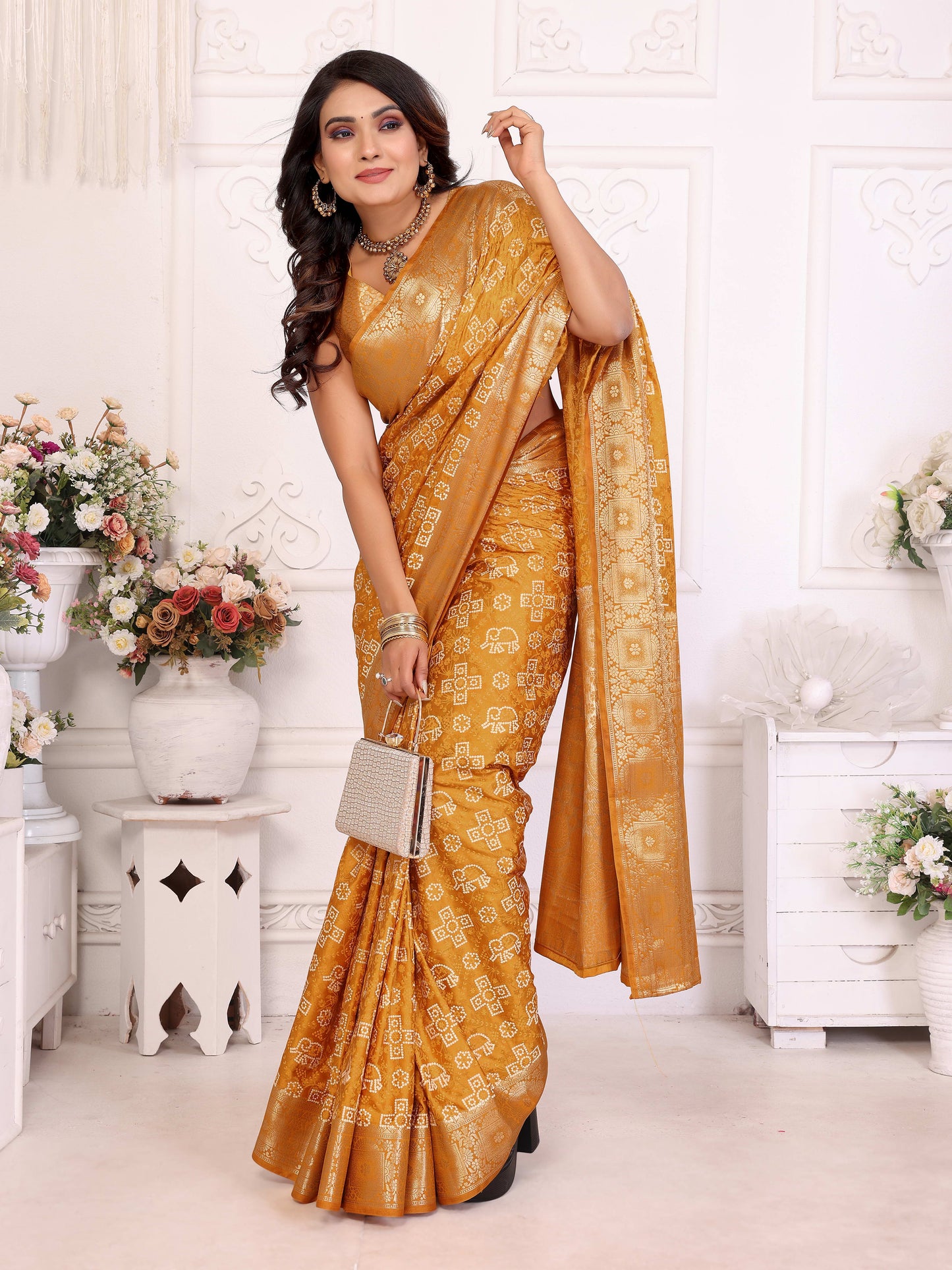 Yellow Samshira Soft Satin Silk Bandhej Print Saree With Zari Border Design And Having Rich Pallu