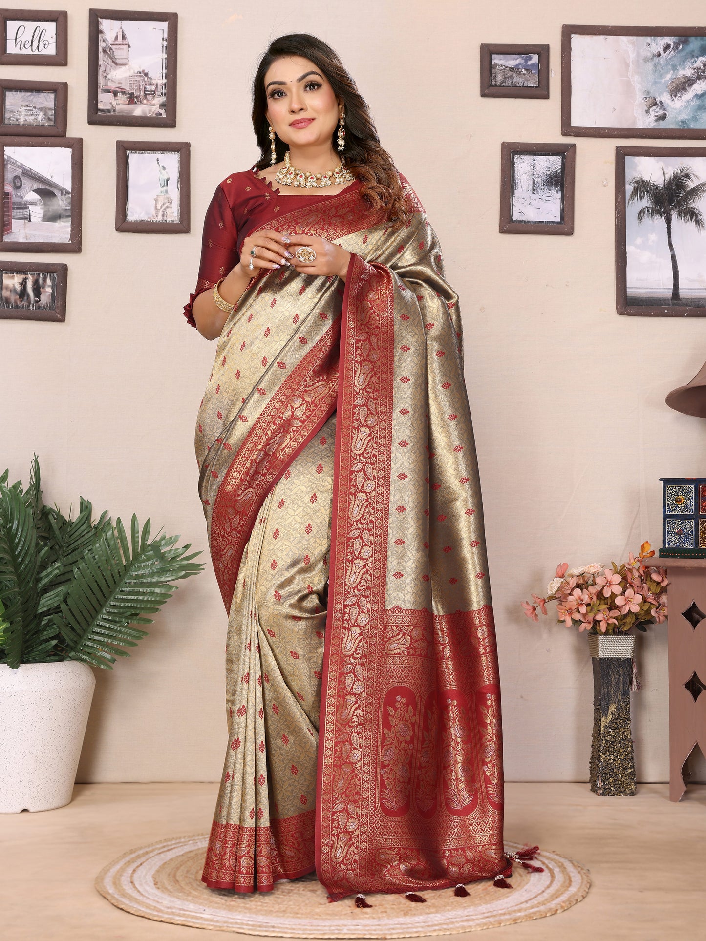 Beige Devika Handloom Tissue Silk Sarees with Zari Weaving and Contrast Zari woven borders