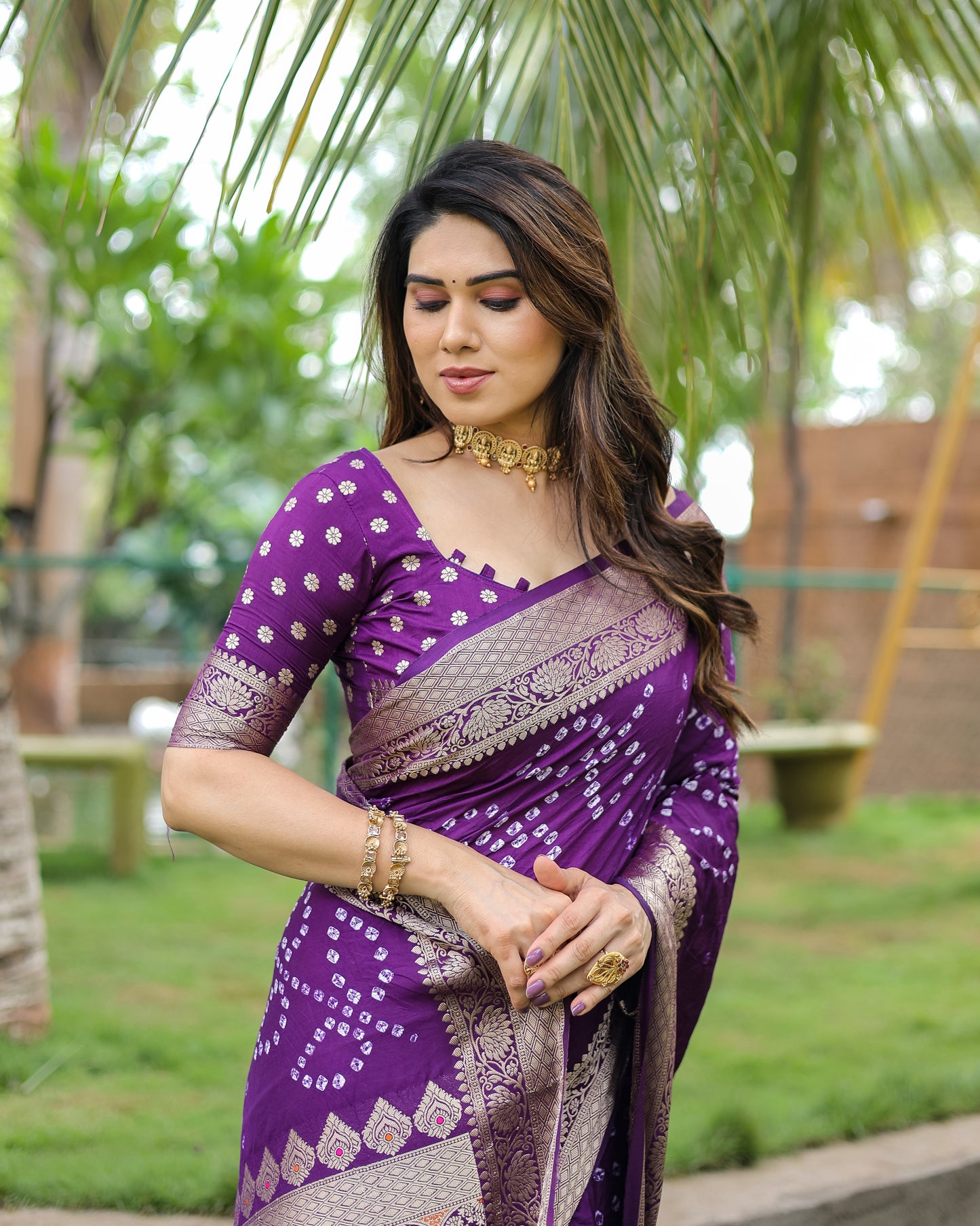 Purple Padmavati Dola Soft Silk Bandhej Saree With All Over Handmade Bandhej With Jari Weaving Border