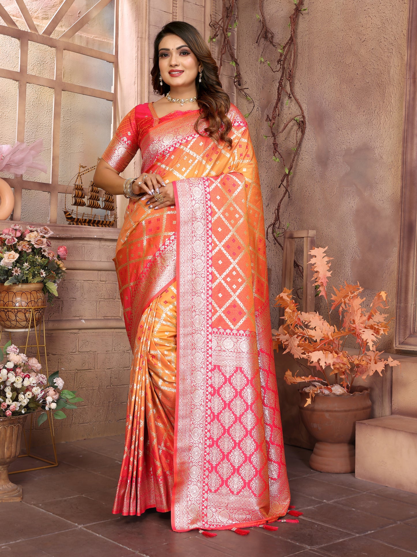 Orange Kundan kochi silk saree with beautiful Checks weaving exclusive work soft comfy