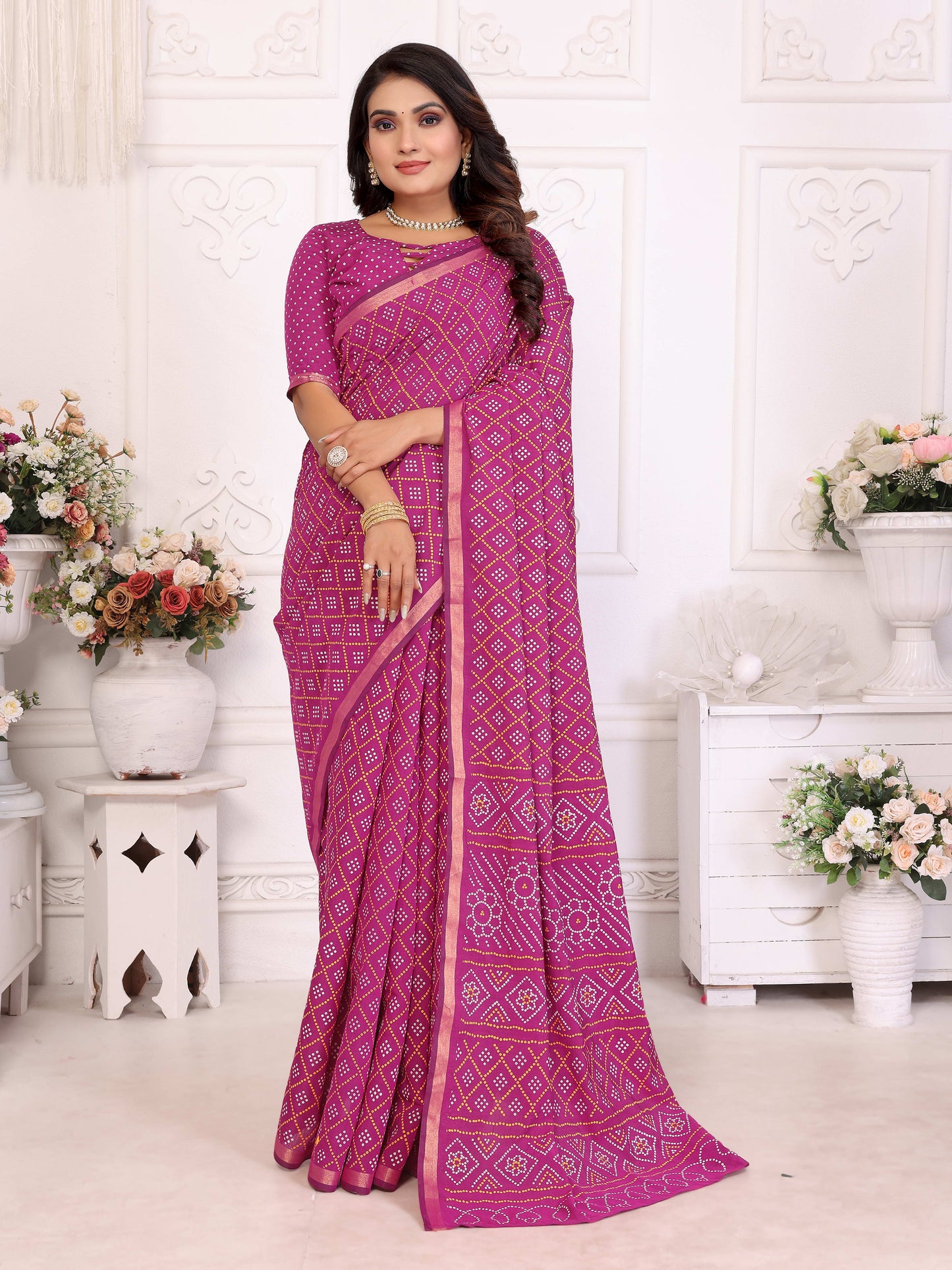 Pink Amba Pure Patola And Bandhej Pattern Soft Cotton Light Weight Saree