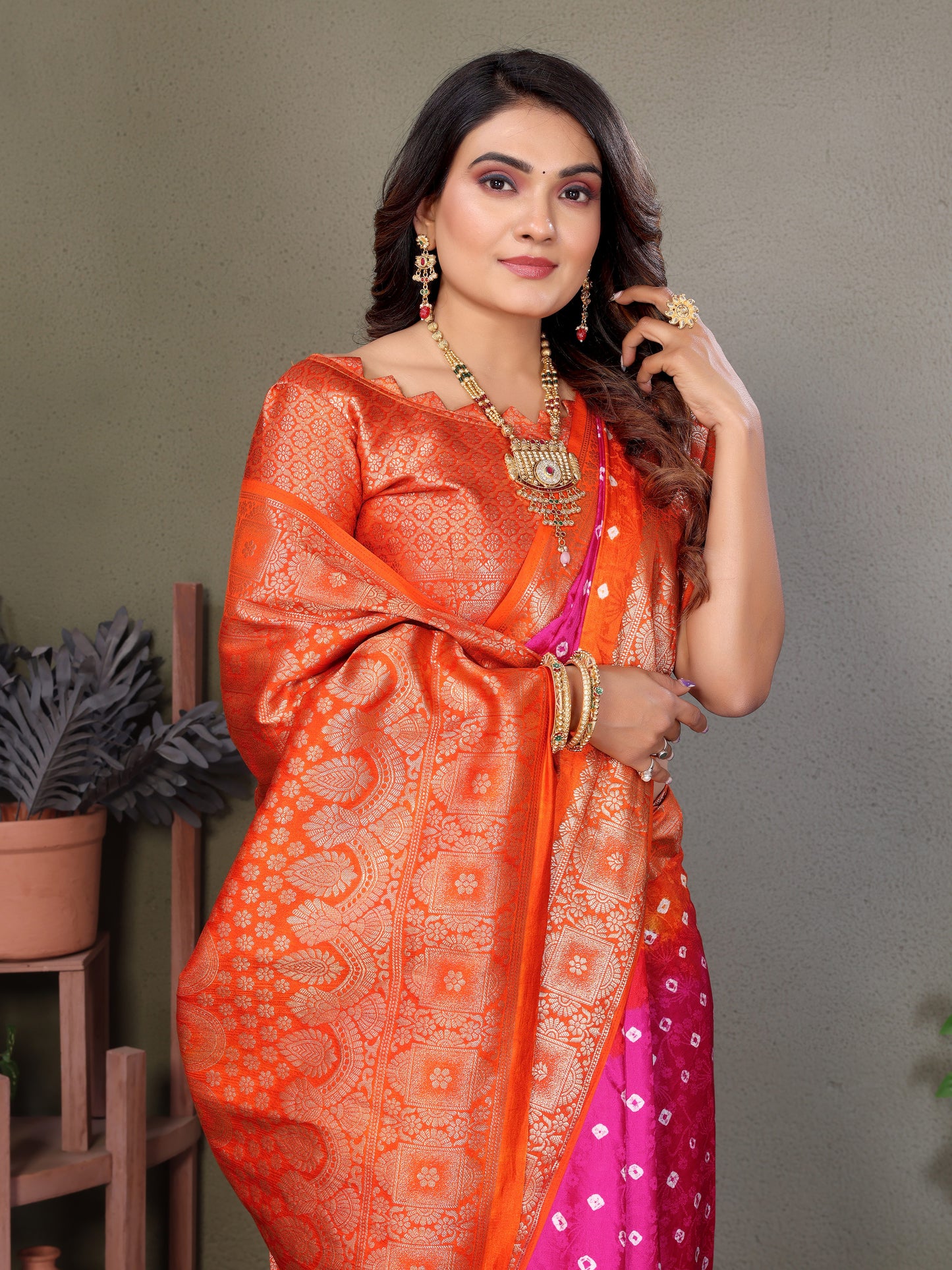 Pink Satyavati Bandhej Satin Silk Saree Made By Original Bandhej With Zari Weaving Border