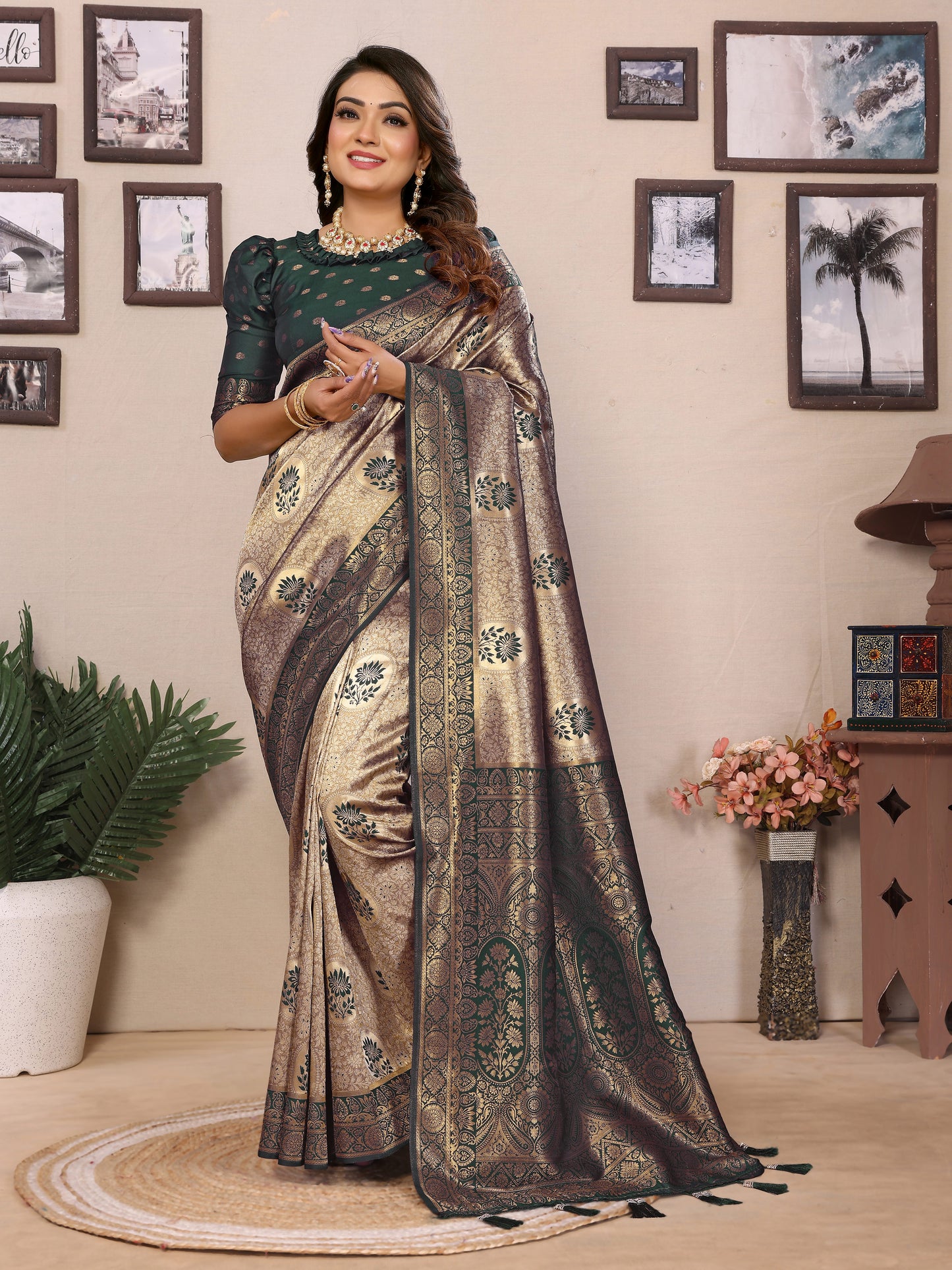 Green Mahek Handloom Tissue Silk Sarees with Zari Weaving and Contrast Zari border