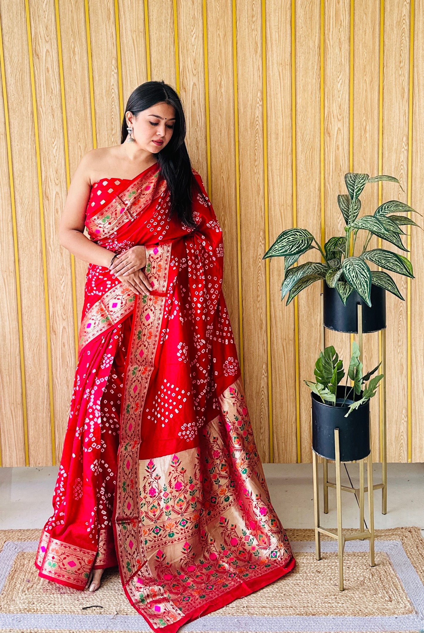 Red Deewani Pure Bandhej Silk Saree With Patola Border With Zari Weaving Paithani Rich Pallu Saree
