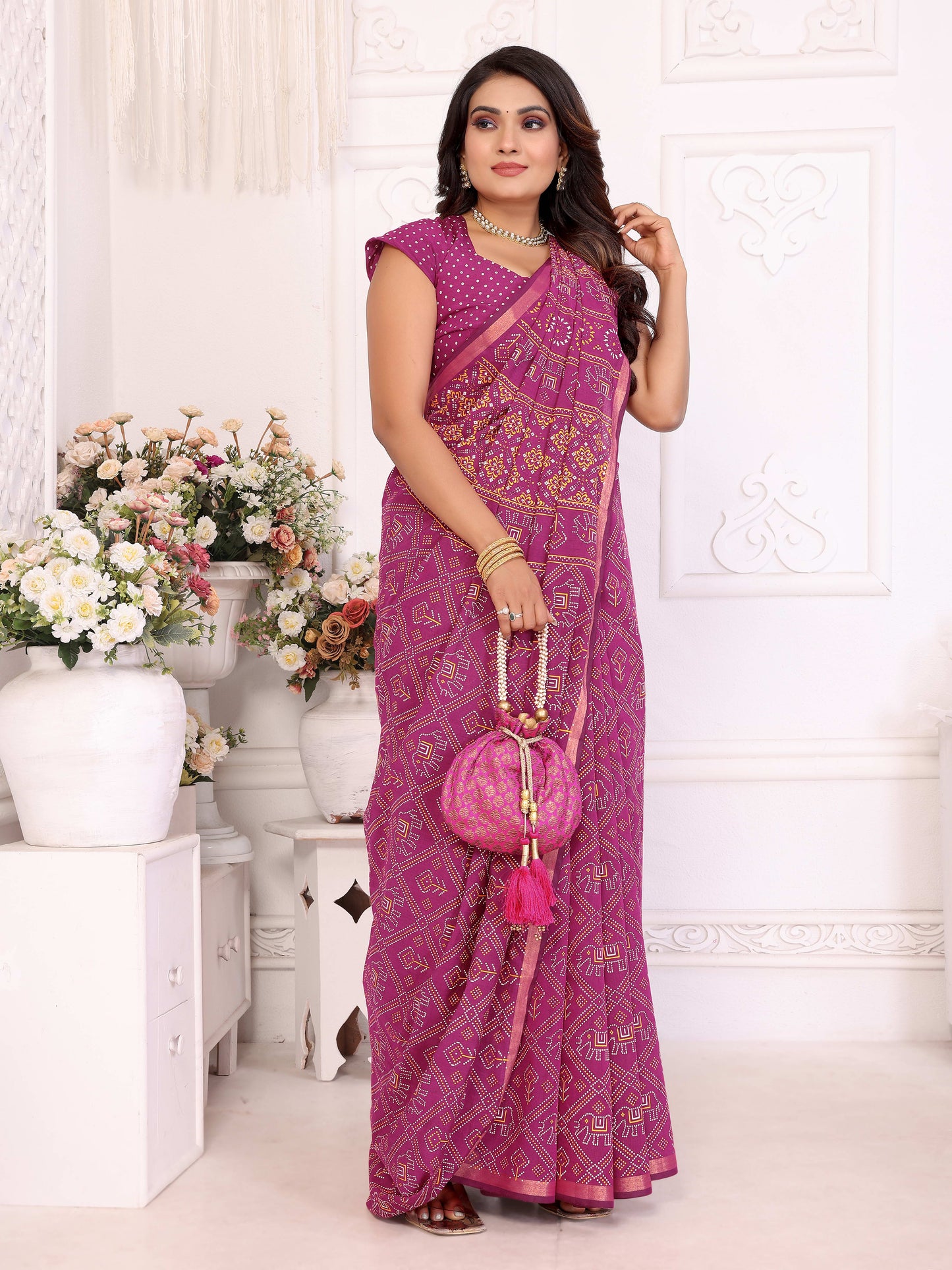 Pink Ambika Pure Patola And Bandhej Pattern Soft Cotton Light Weight Saree