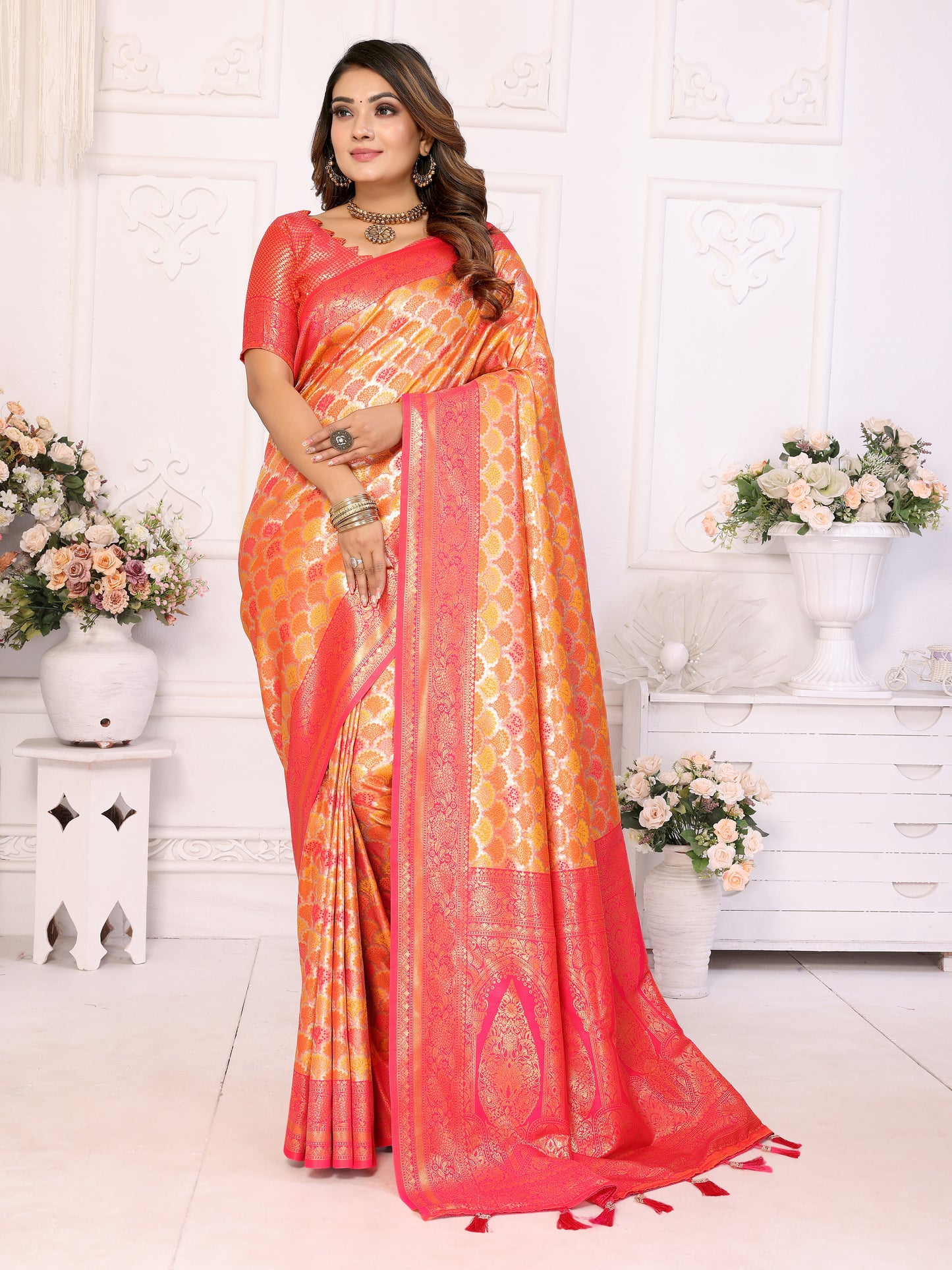Orange Chaturi-1 Banarasi Chaturi silk saree Jari weaving Border and Weaving rich pallu