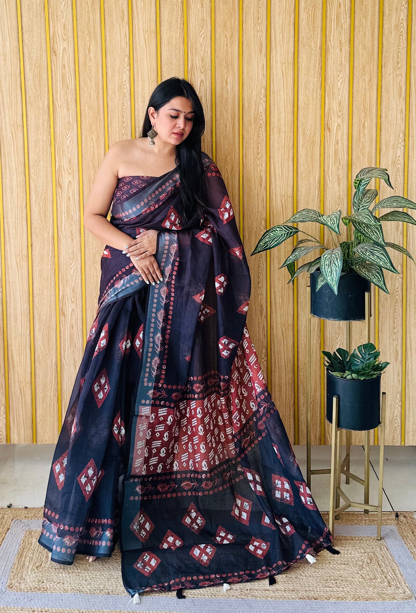 Black And Red Aarya-2 Soft Linen Cotton Digital Print Sarees With Batik Print With Silver Border