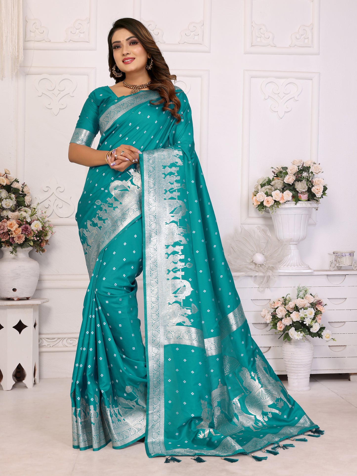 Sky Heena summer kochi silk saree with beautiful Bandhej weaving work soft comfy....