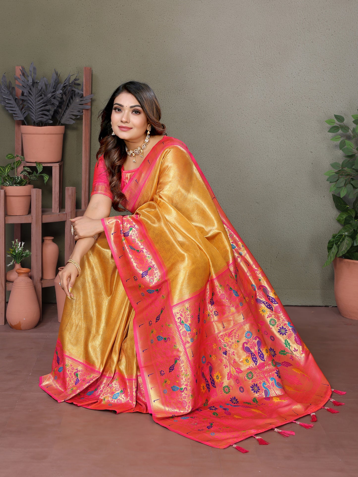 Yellow Mrudangi Pure Banarasi Tissue silk sarees contrast Paithani woven border classic pallu
