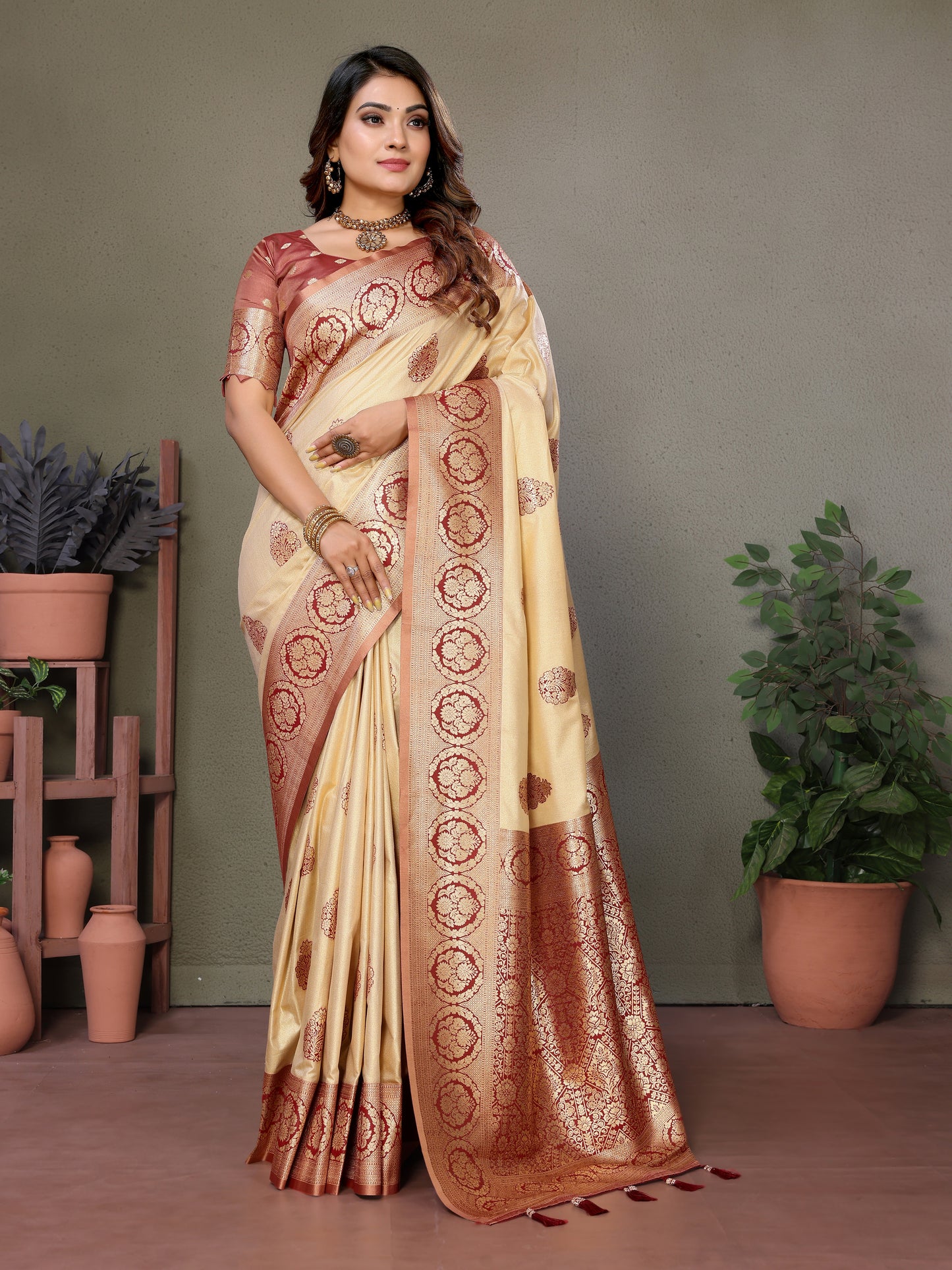 Brown Jugani Viscose Silky Sarees And weaving Butties with contrast border, Rich pallu