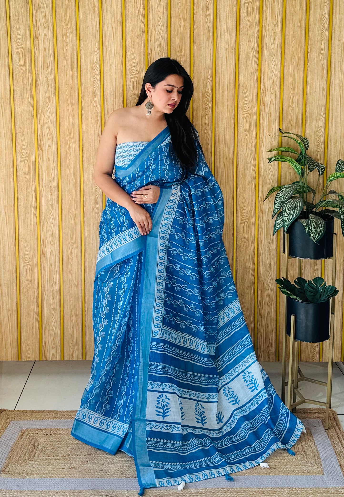 Sky Blue Shukriya Soft Linen Cotton Digital Print Saree With Batik Print With Silver Border