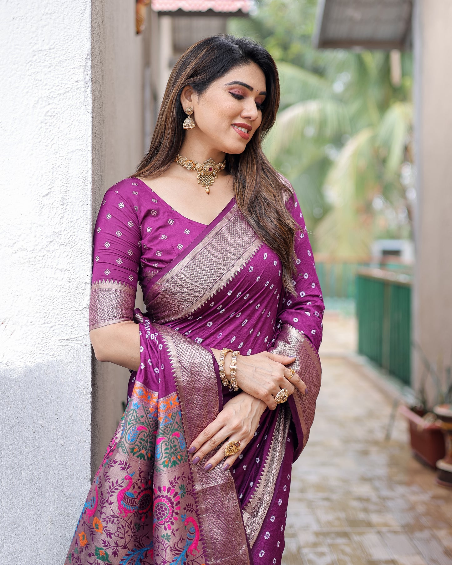 Wine Yashomati Dola Soft Silk Bandhej Sarees With Awesome Two Sides Jari Border & Paithani Style Rich Pallu