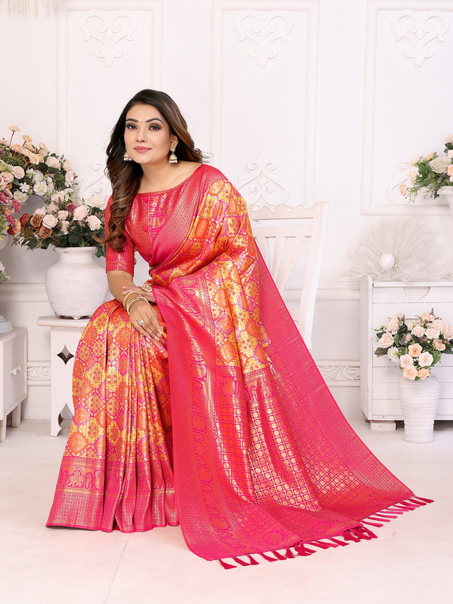 Orange Chaturi-2 Banarasi Chaturi silk saree Jari weaving Border and Weaving rich pallu