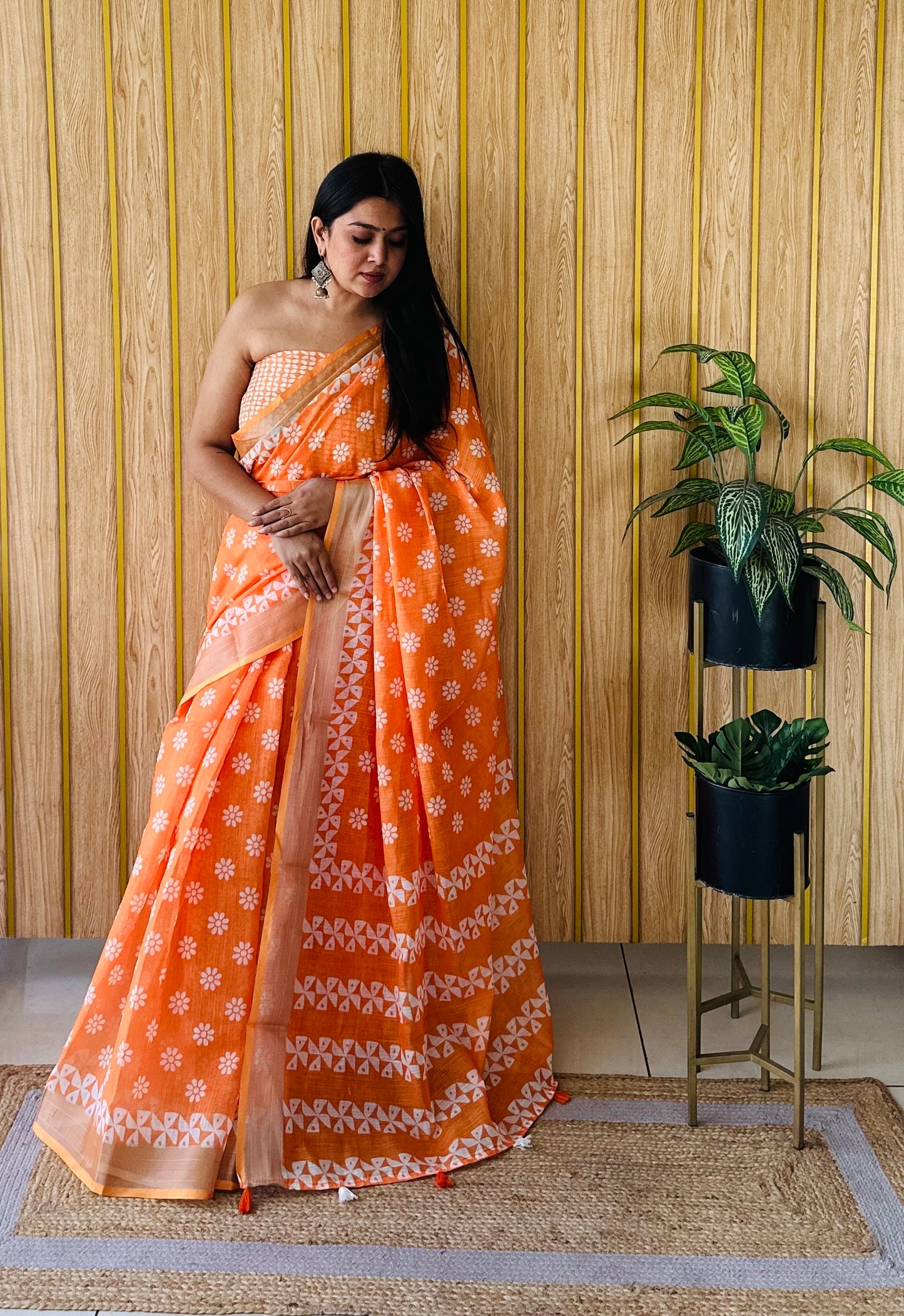 Orange Aarya-3 Soft Linen Cotton Digital Print Sarees With Batik Print With Silver Border
