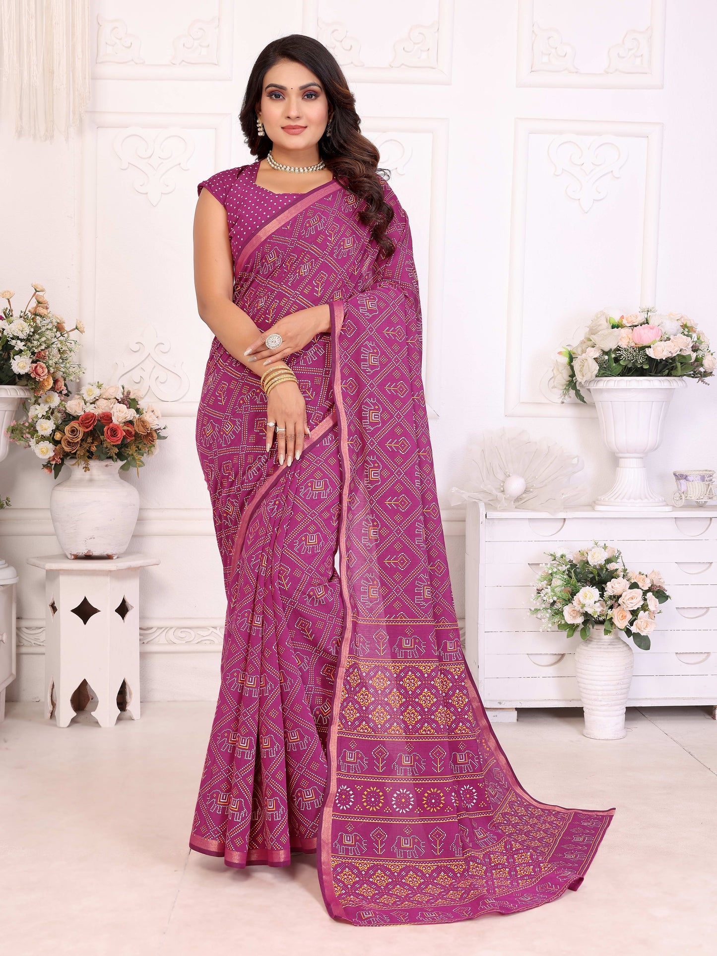 Pink Ambika Pure Patola And Bandhej Pattern Soft Cotton Light Weight Saree