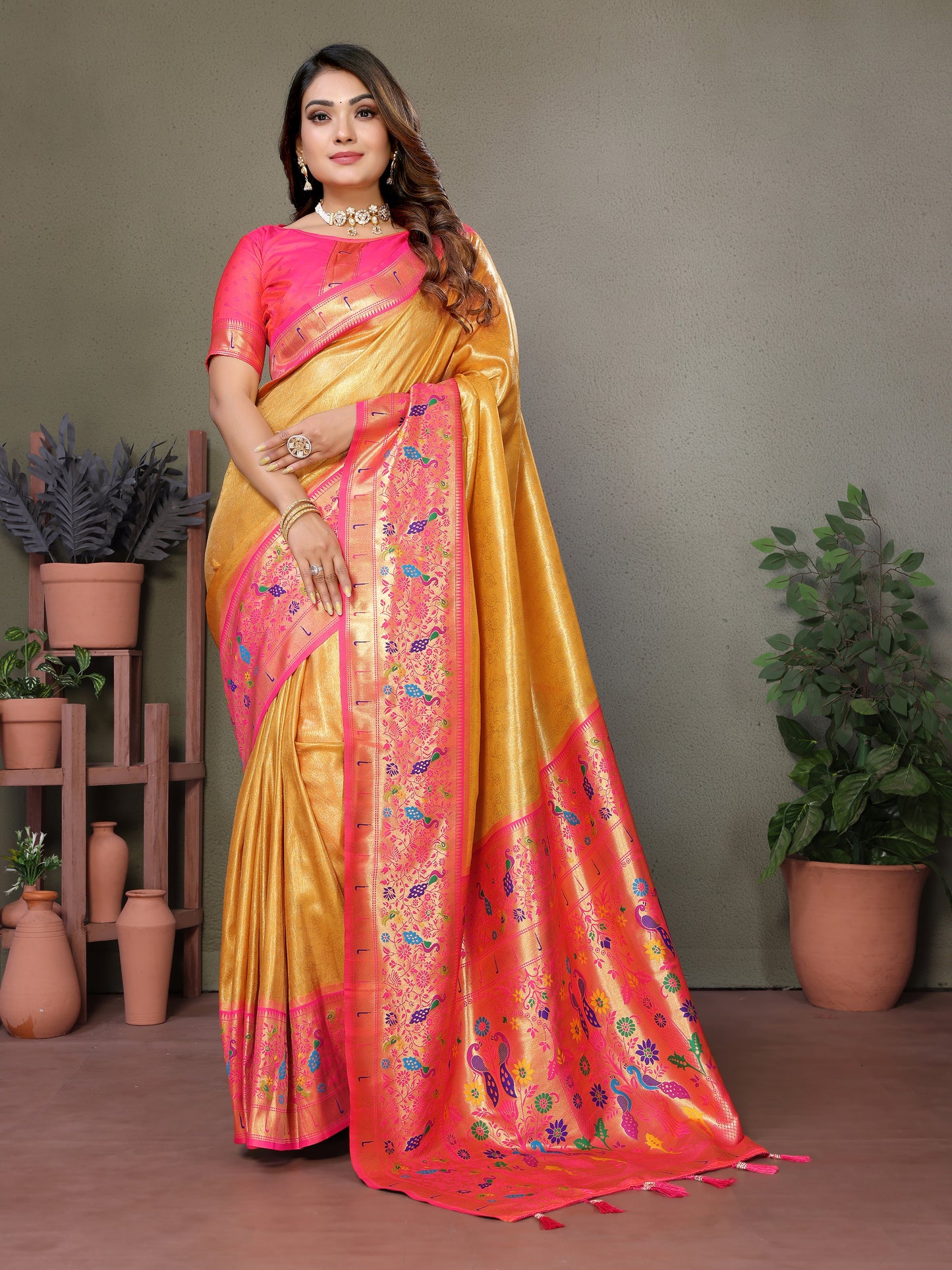 Yellow Mrudangi Pure Banarasi Tissue silk sarees contrast Paithani woven border classic pallu