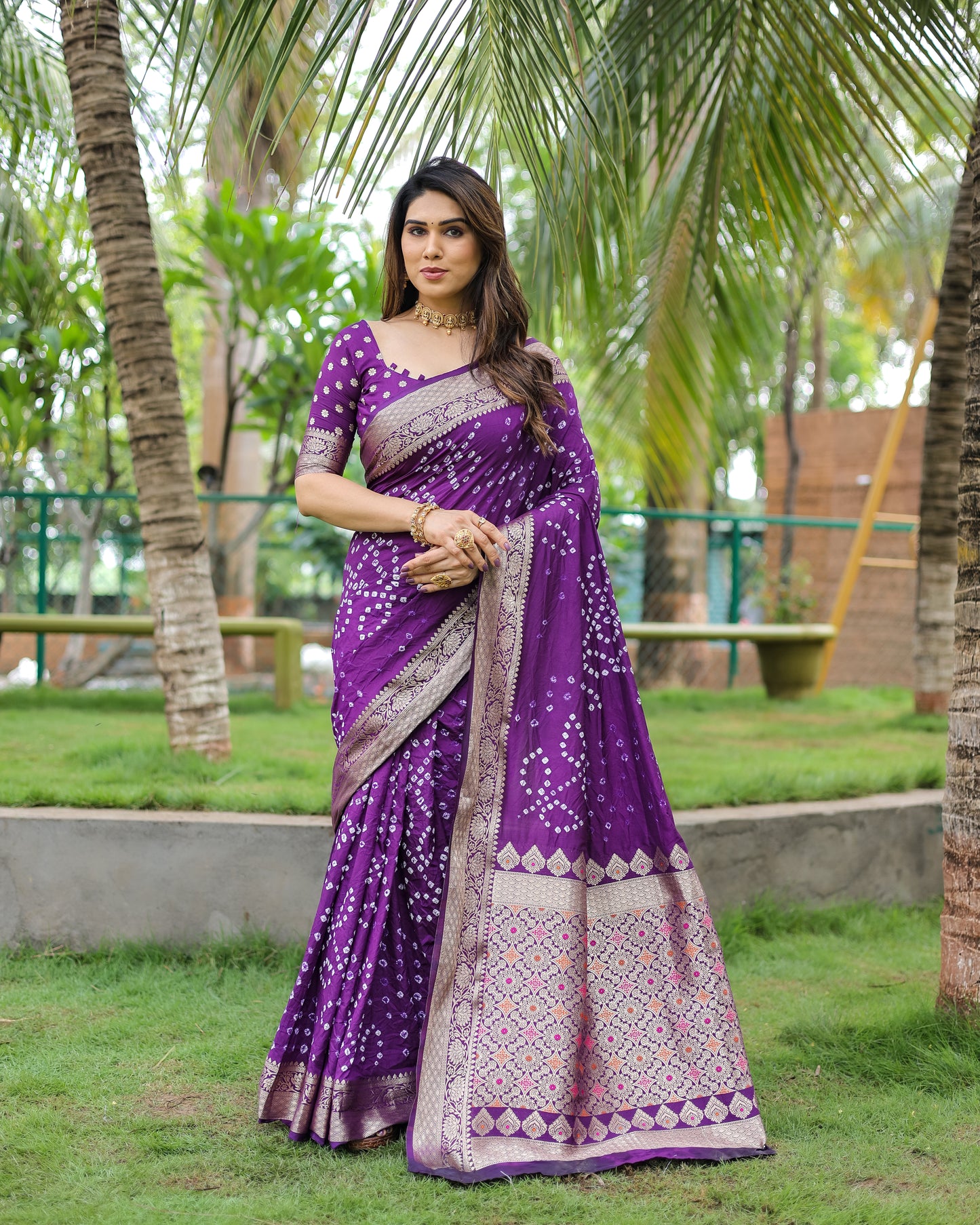 Purple Padmavati Dola Soft Silk Bandhej Saree With All Over Handmade Bandhej With Jari Weaving Border