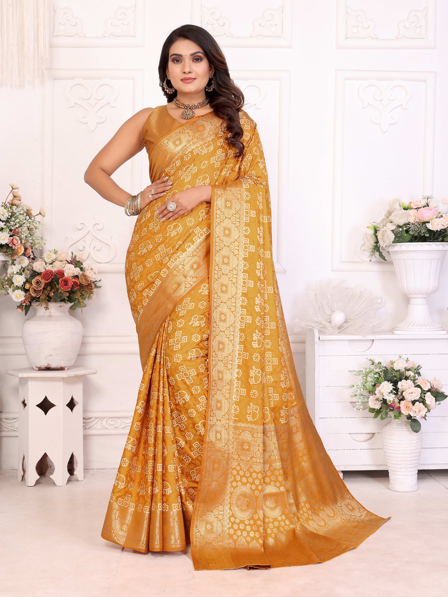 Yellow Samshira Soft Satin Silk Bandhej Print Saree With Zari Border Design And Having Rich Pallu