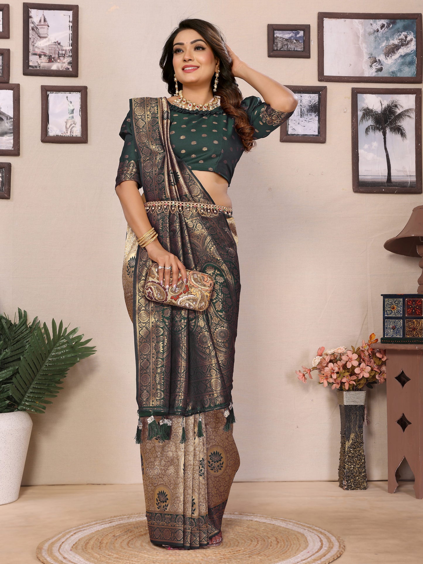 Green Mahek Handloom Tissue Silk Sarees with Zari Weaving and Contrast Zari border