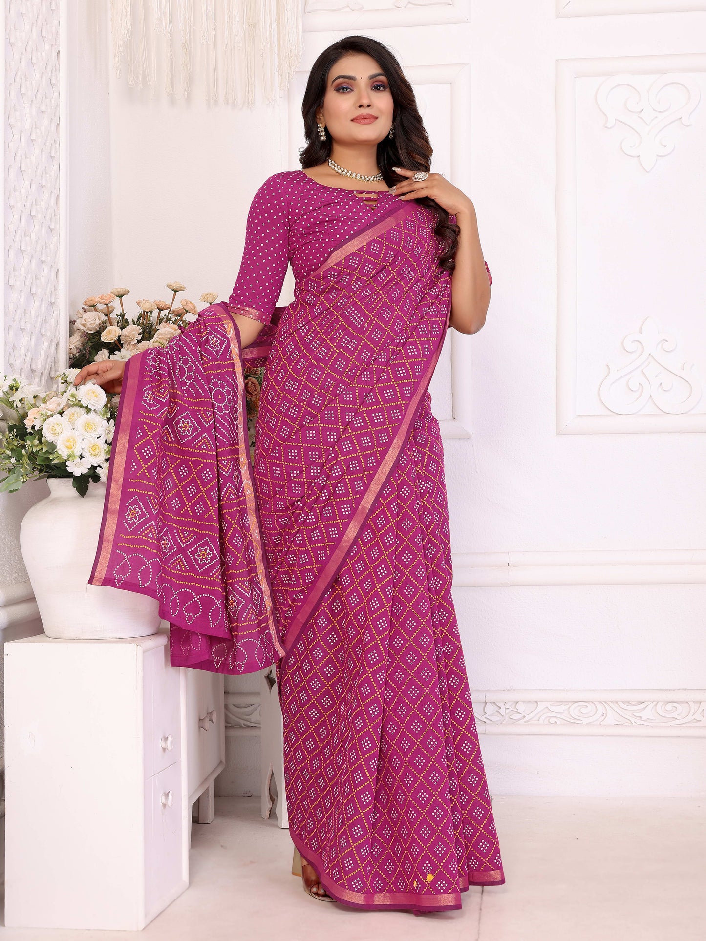 Pink Amba Pure Patola And Bandhej Pattern Soft Cotton Light Weight Saree