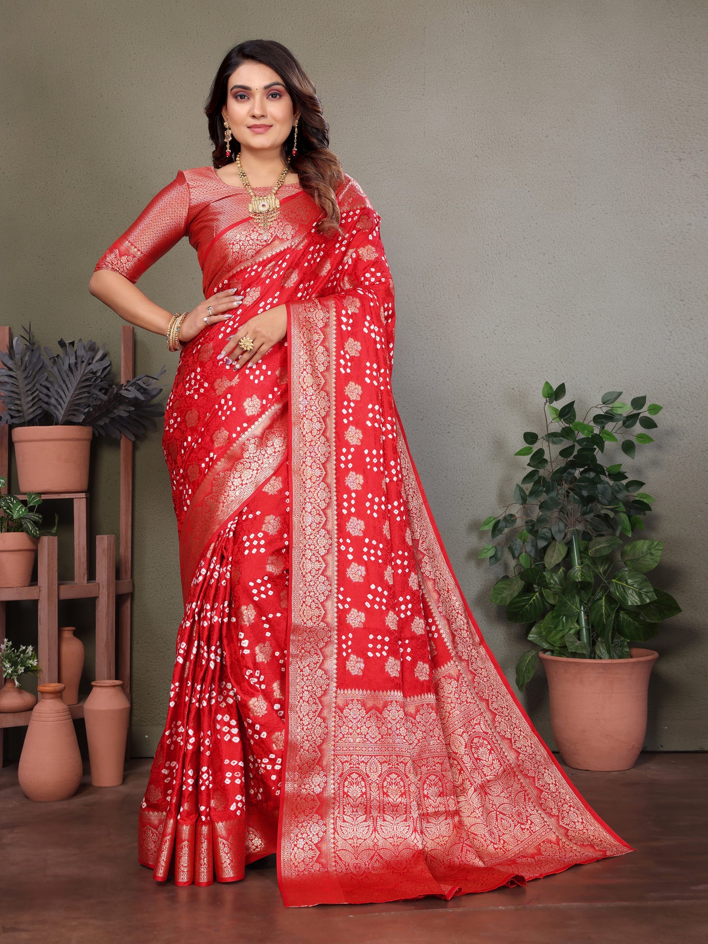 Red Shakuntala Bandhej Silk Saree With Zari Weaving Butta & Zari Rich Pallu With Beautiful Design & Broad Border