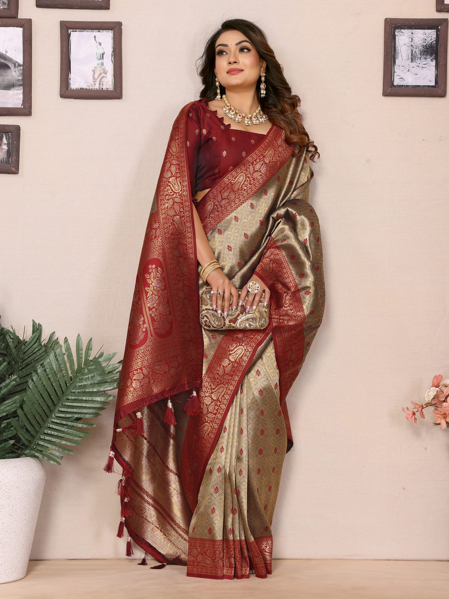Beige Devika Handloom Tissue Silk Sarees with Zari Weaving and Contrast Zari woven borders