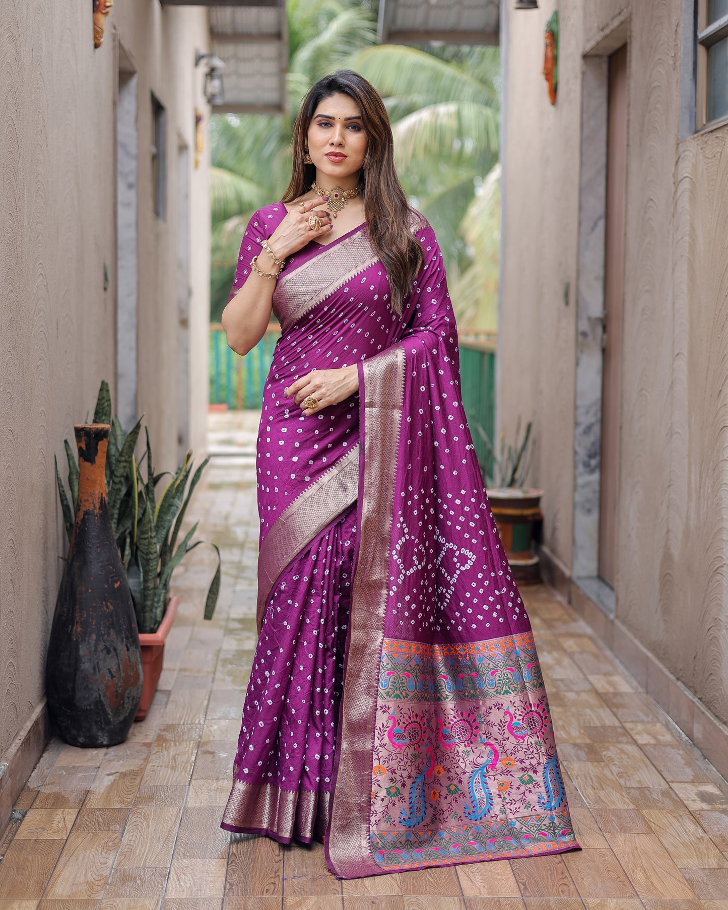 Wine Yashomati Dola Soft Silk Bandhej Sarees With Awesome Two Sides Jari Border & Paithani Style Rich Pallu