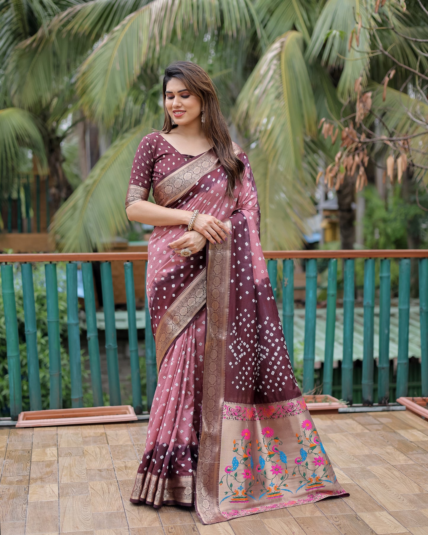 Light peach Devika Dola Soft Silk Bandhej Sarees Jari Paithani Weaving Border & Weaving Paithani Style Rich Pallu