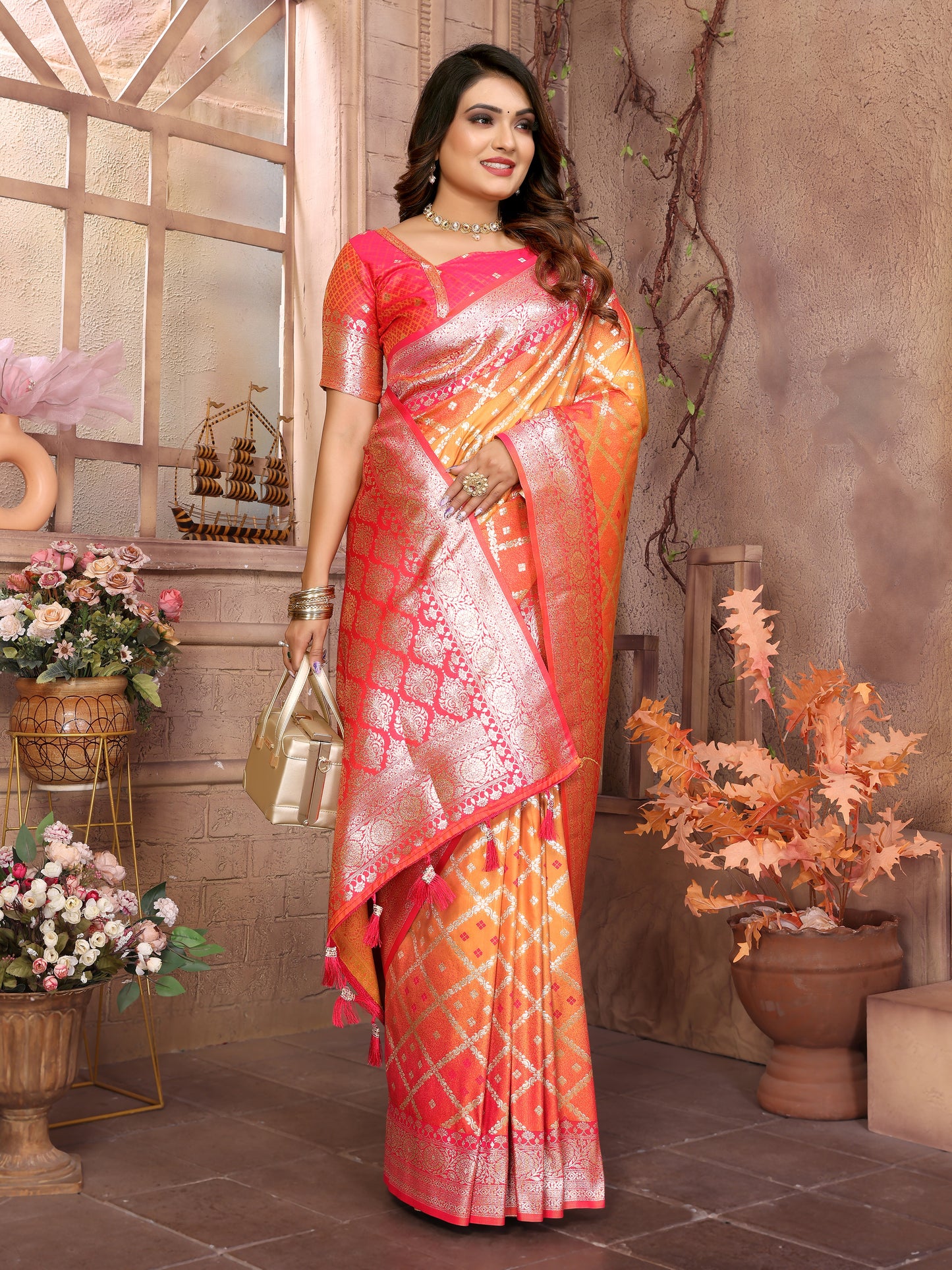 Orange Kundan kochi silk saree with beautiful Checks weaving exclusive work soft comfy