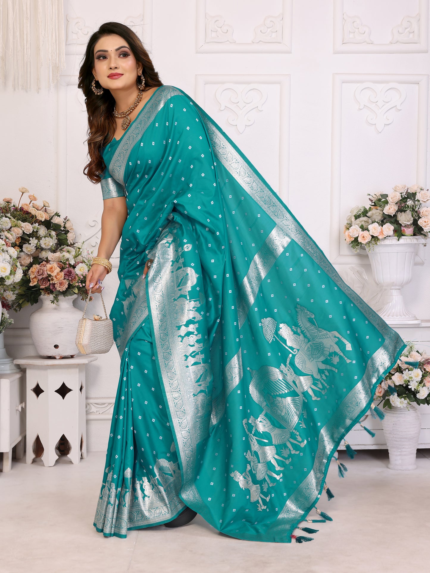 Sky Heena summer kochi silk saree with beautiful Bandhej weaving work soft comfy....