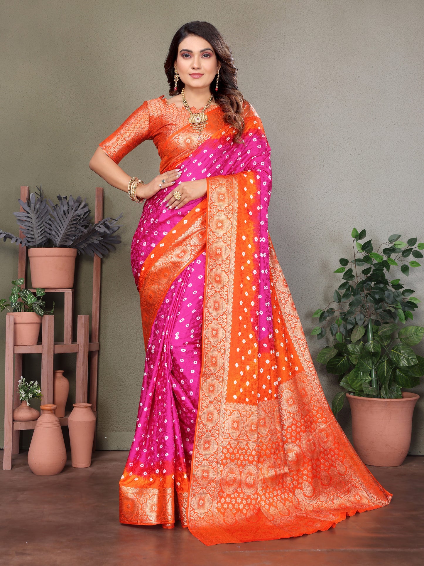 Pink Satyavati Bandhej Satin Silk Saree Made By Original Bandhej With Zari Weaving Border