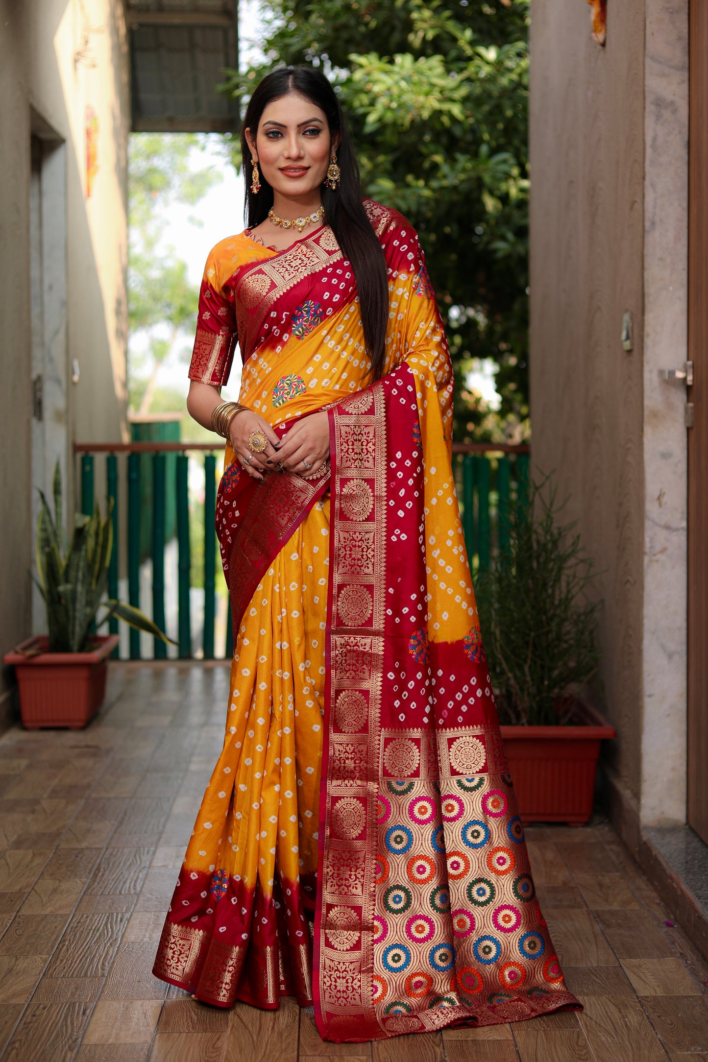 Yellow Ishani Pure Bandhej Silk Saree Minakari Weaving Butta With Zari