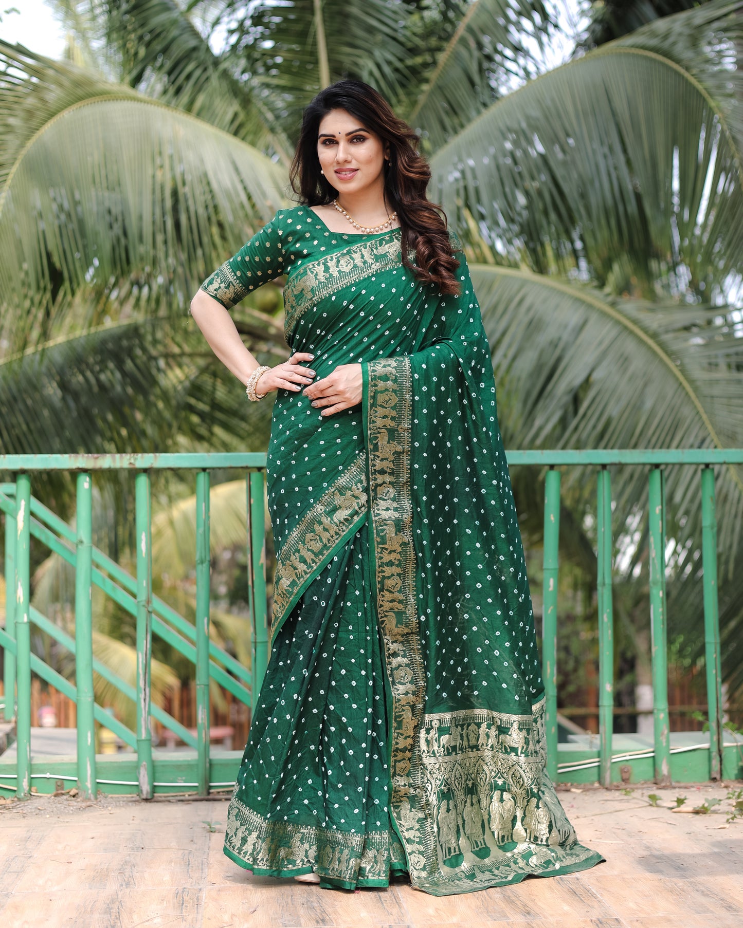 Green Mausami Pure Bandhej Silk Saree With Zari Weaving Border & Rich Pallu With Beautiful Design And Broad Border