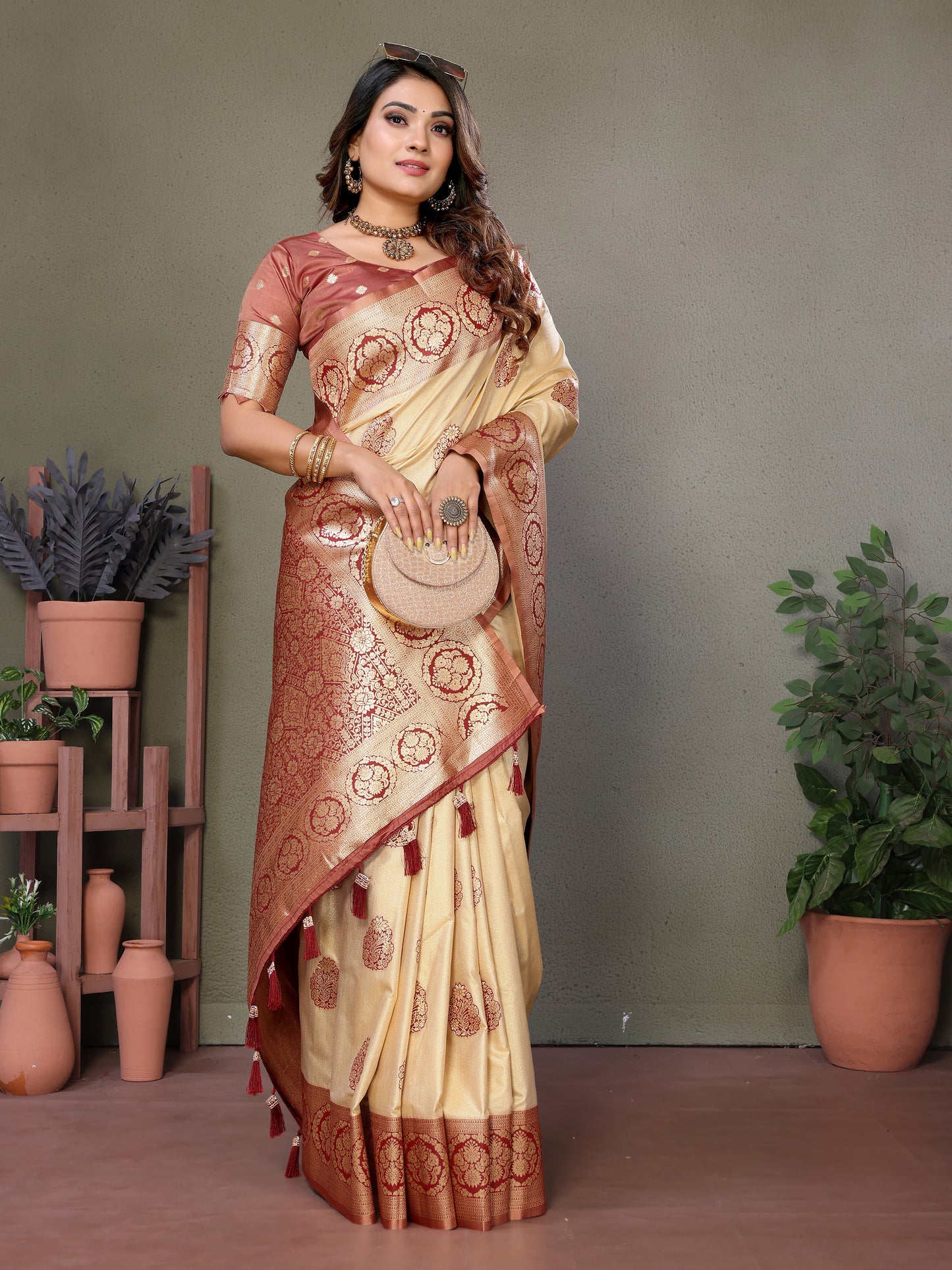 Brown Jugani Viscose Silky Sarees And weaving Butties with contrast border, Rich pallu