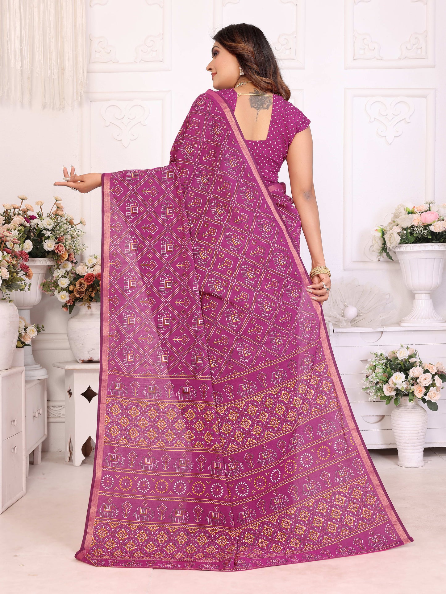 Pink Ambika Pure Patola And Bandhej Pattern Soft Cotton Light Weight Saree