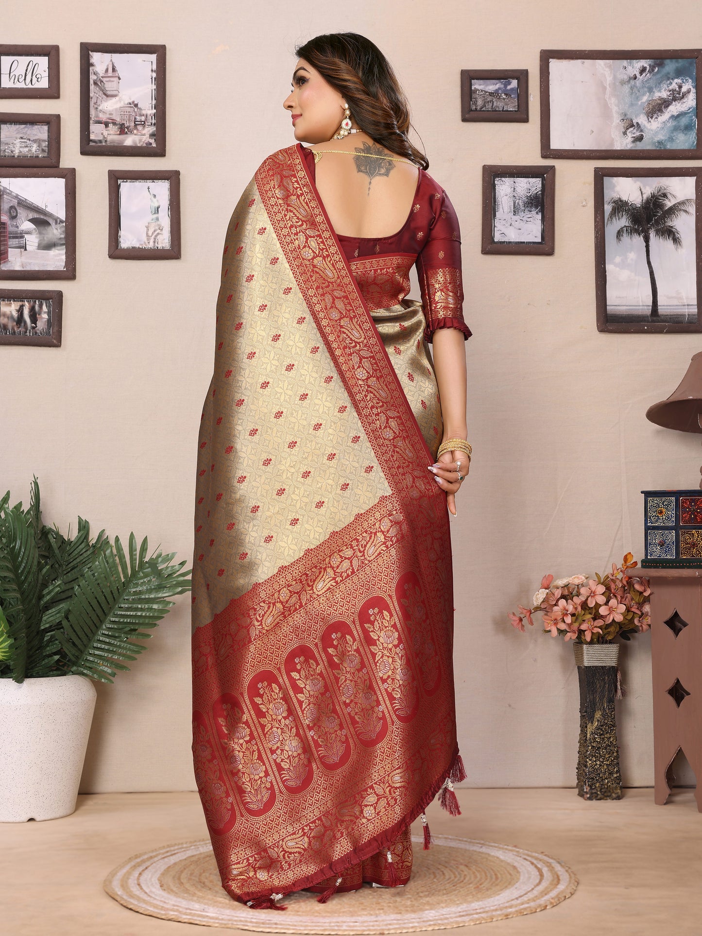 Beige Devika Handloom Tissue Silk Sarees with Zari Weaving and Contrast Zari woven borders