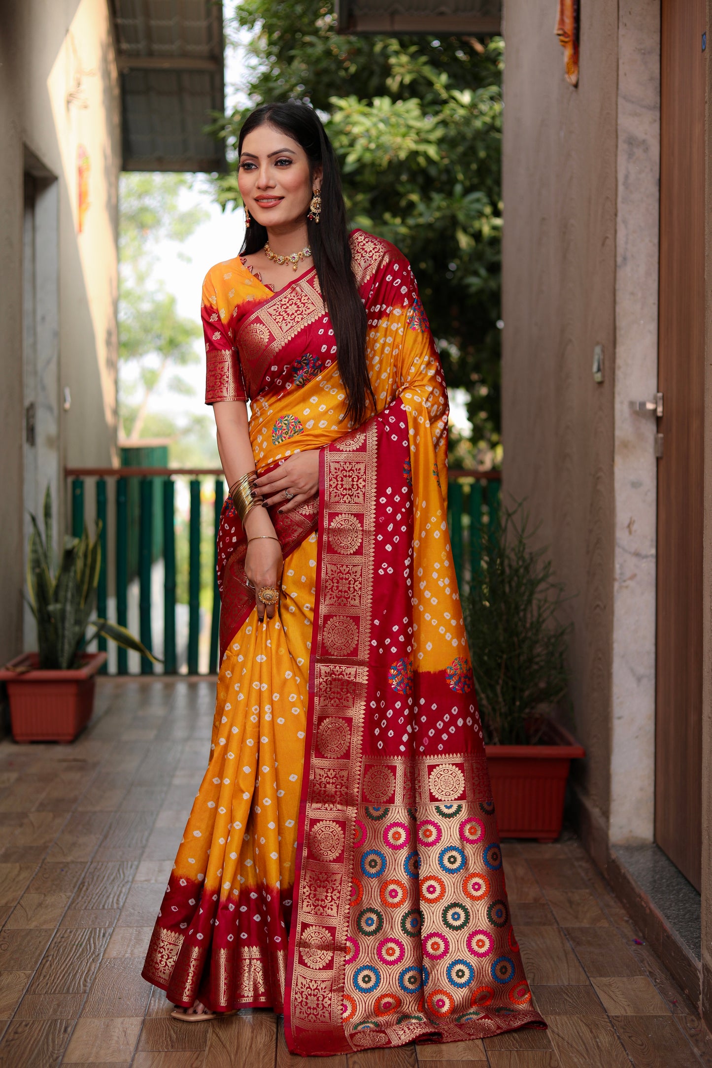 Yellow Ishani Pure Bandhej Silk Saree Minakari Weaving Butta With Zari