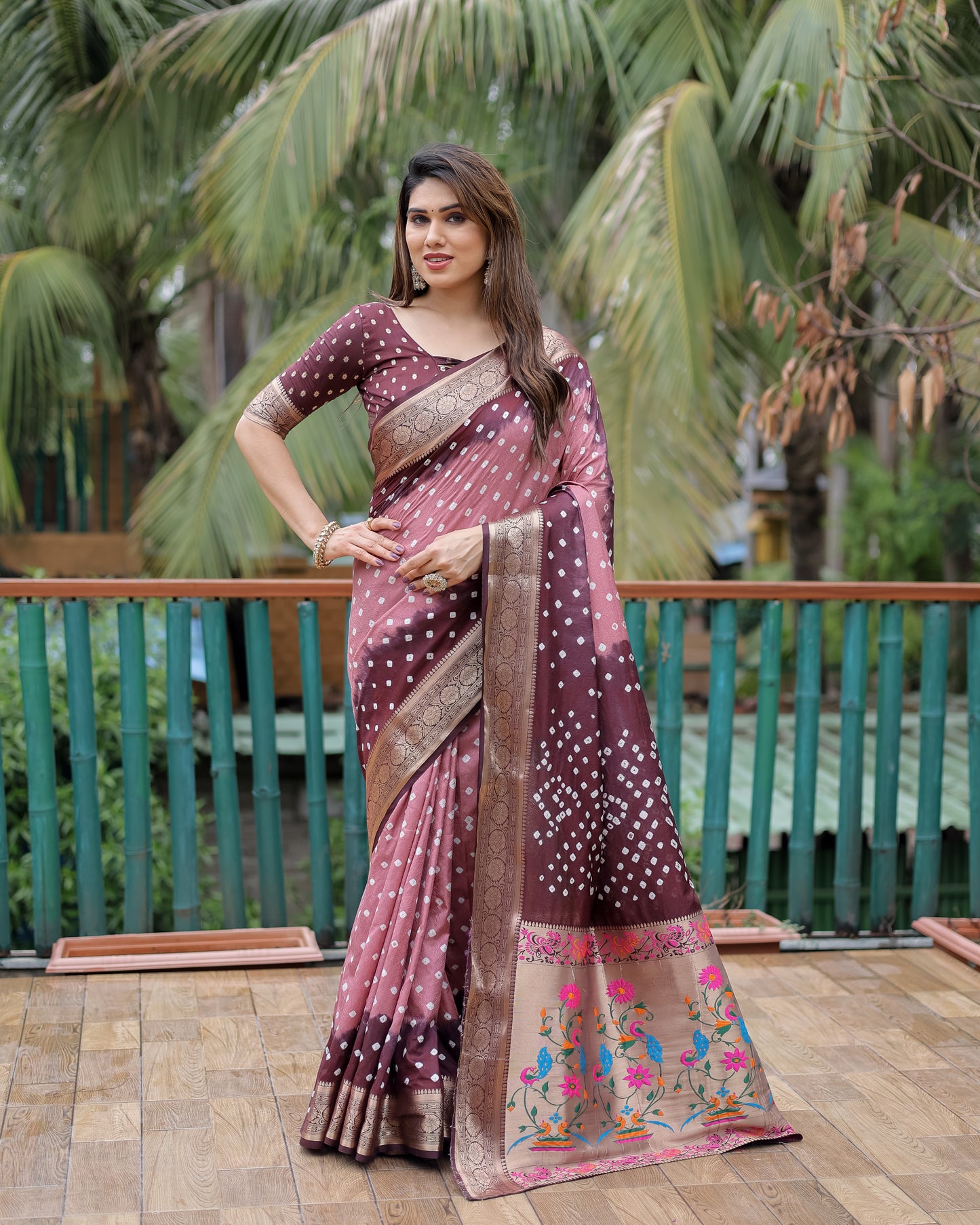 Light peach Devika Dola Soft Silk Bandhej Sarees Jari Paithani Weaving Border & Weaving Paithani Style Rich Pallu