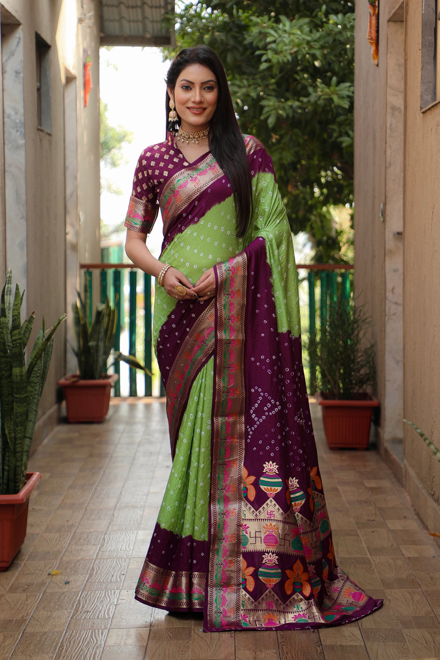 Green Swastik Pure Bandhej Silk Saree With Minakari Border Kalash & Swastik Design Rich Pallu Saree
